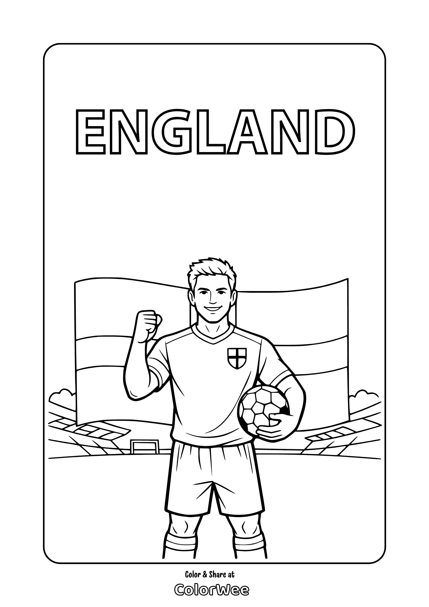 England soccer player with ball, flag and stadium coloring page