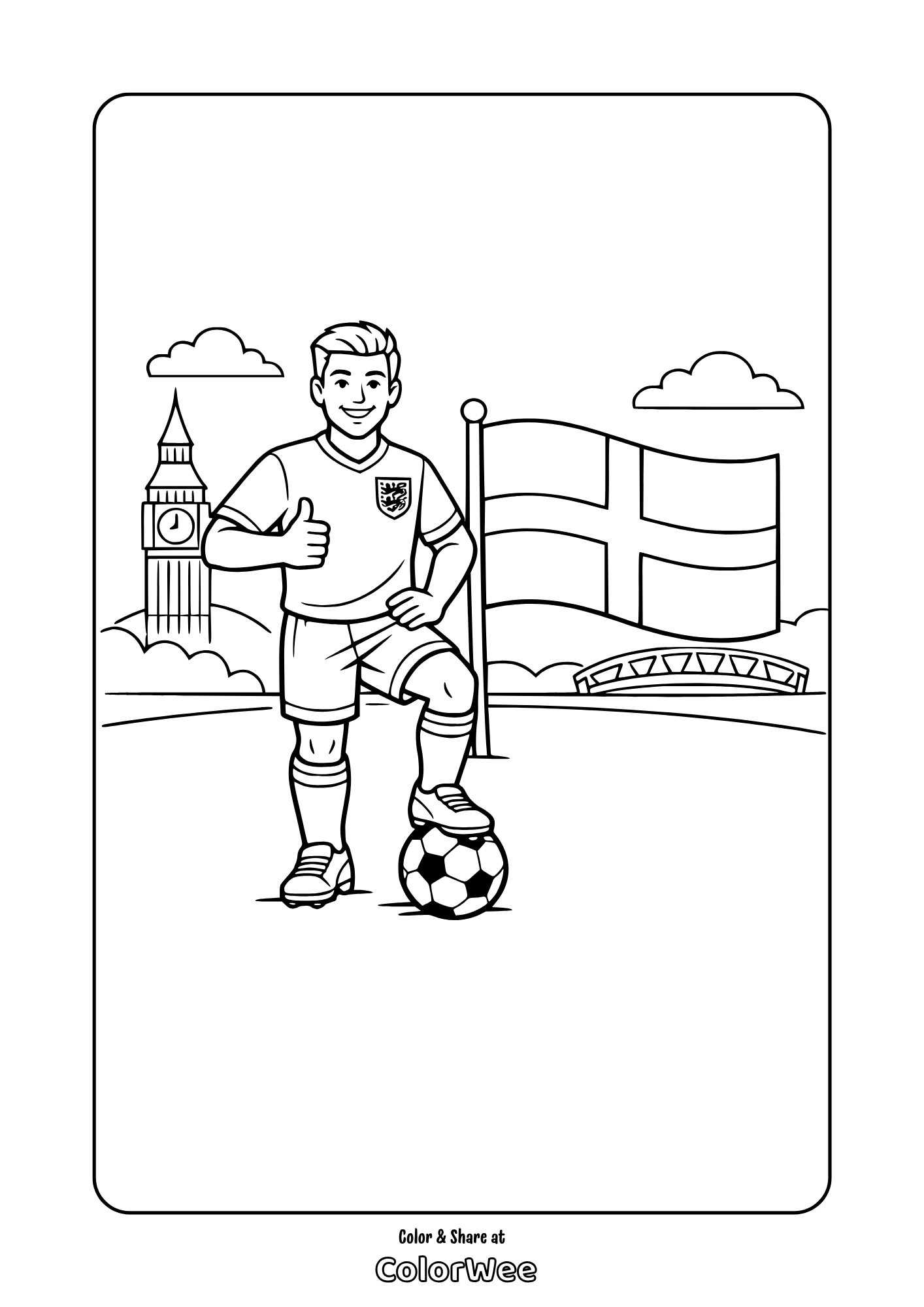 England soccer player with ball by Big Ben and flag coloring page