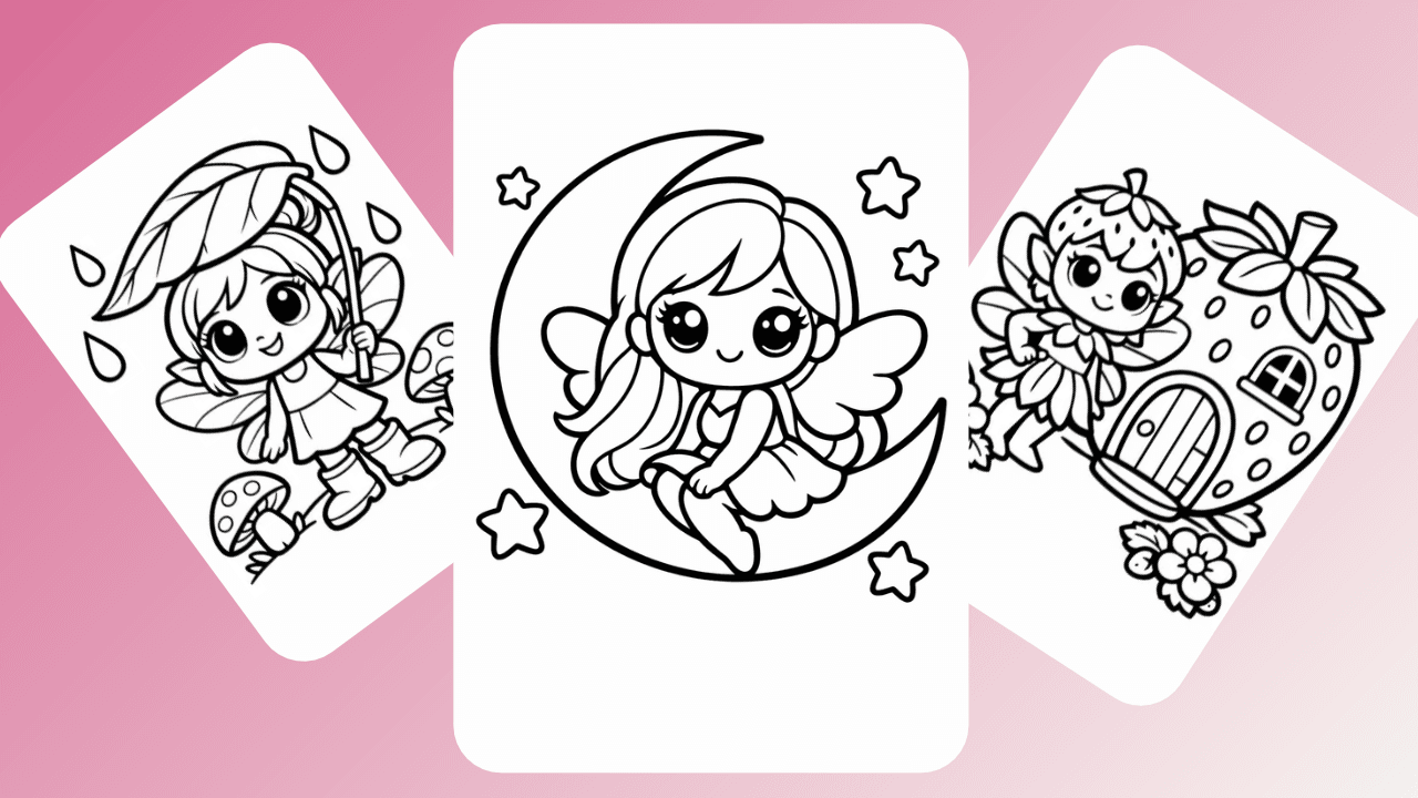 Fairy coloring pages with cute moon fairy, leaf umbrella and strawberry house