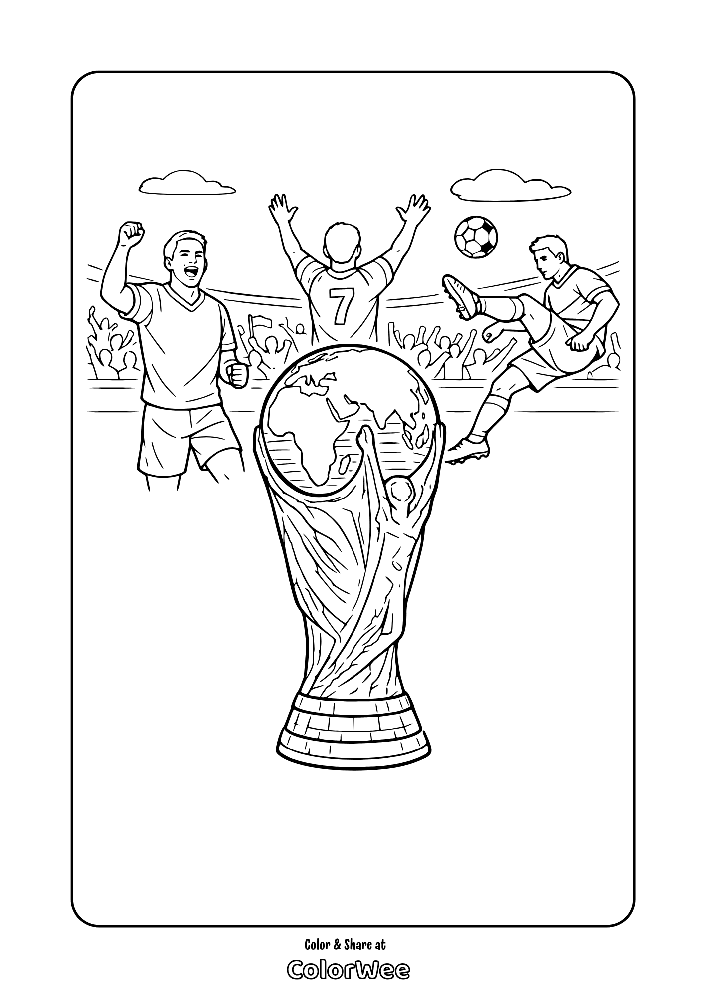 FIFA World Cup 2026 trophy with players and fans coloring page
