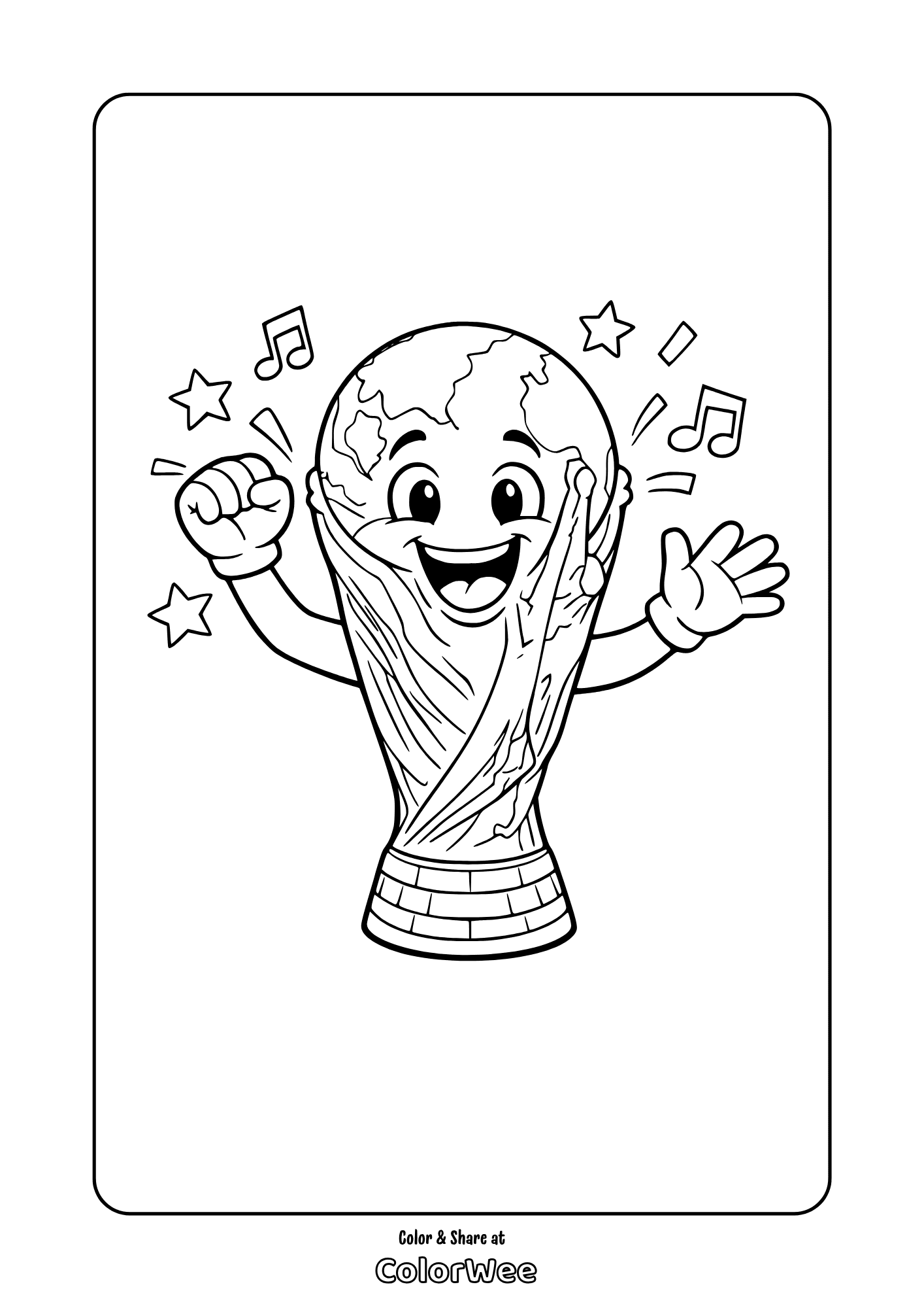 FIFA World Cup trophy coloring page for kids, smiling globe with stars