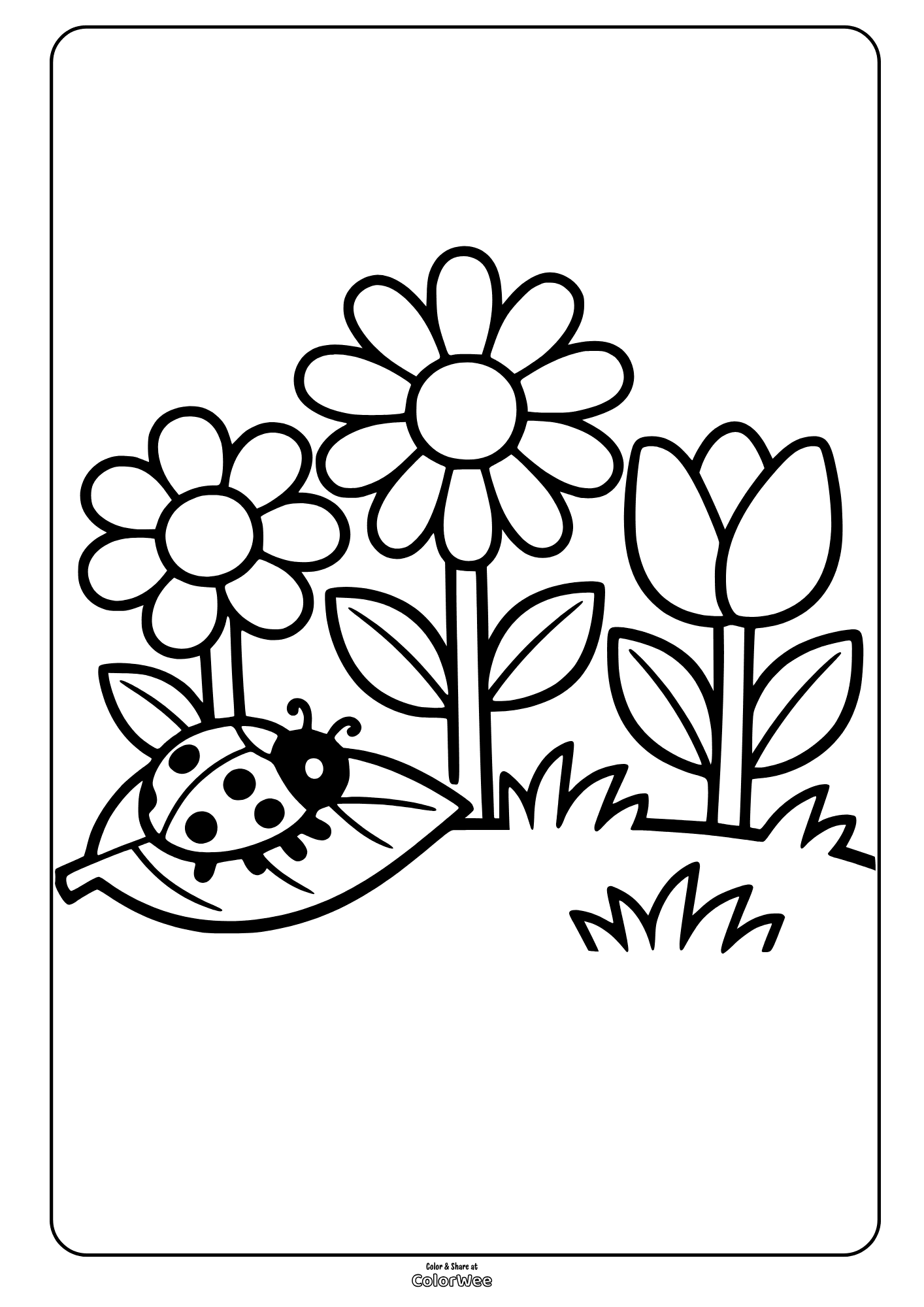 Ladybug on leaf with daisies and tulip garden coloring page for kids