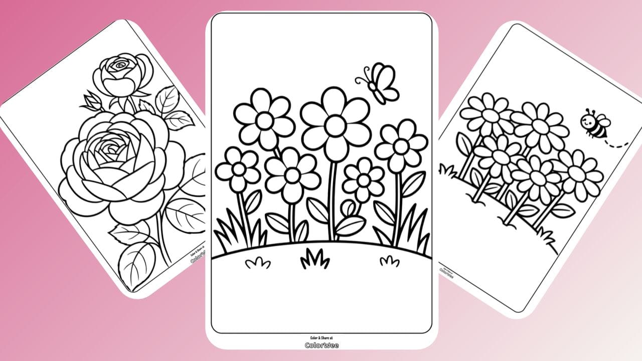 Flower garden coloring pages with daisies, butterfly and cute bee