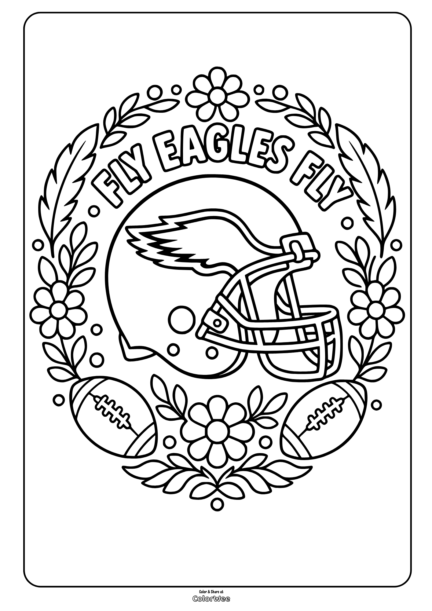 Eagle flying over a football, surrounded by flowers and “FLY EAGLES” lettering, printable coloring page