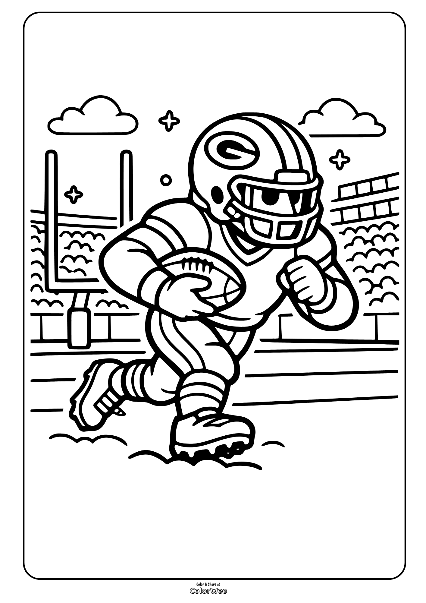 Football "Green Bay Packers" player in stadium running with ball coloring sheet for kids