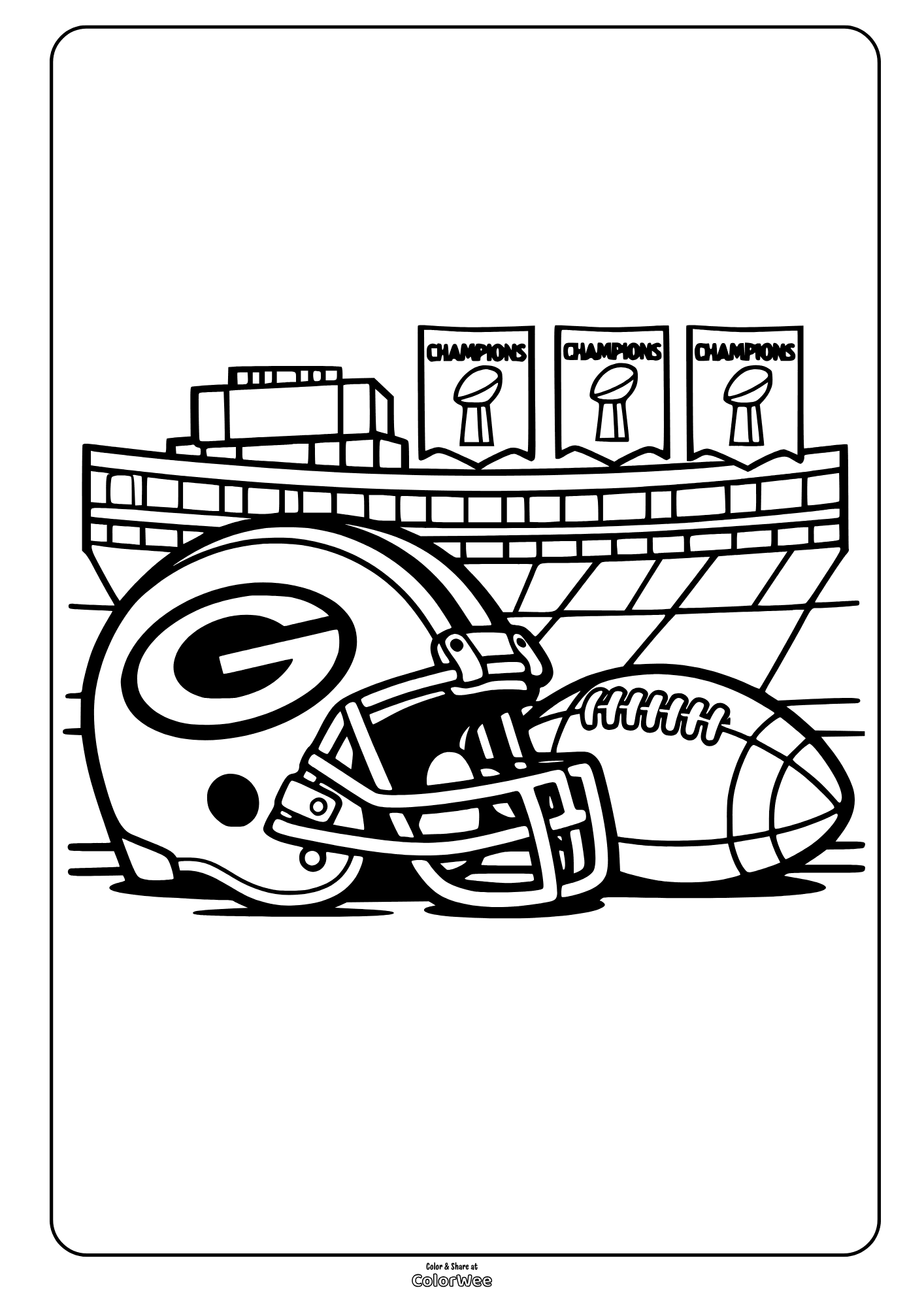 Football Packers helmet, ball, and stadium champions banners coloring sheet
