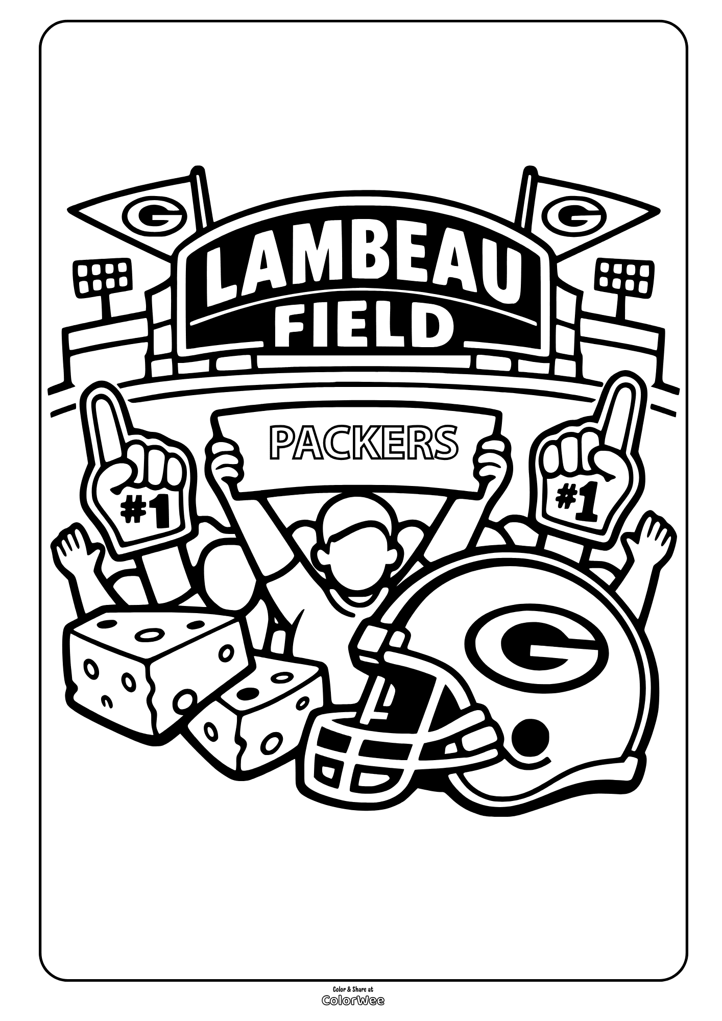 Lambeau Field Packers fans coloring sheet with helmet and foam fingers