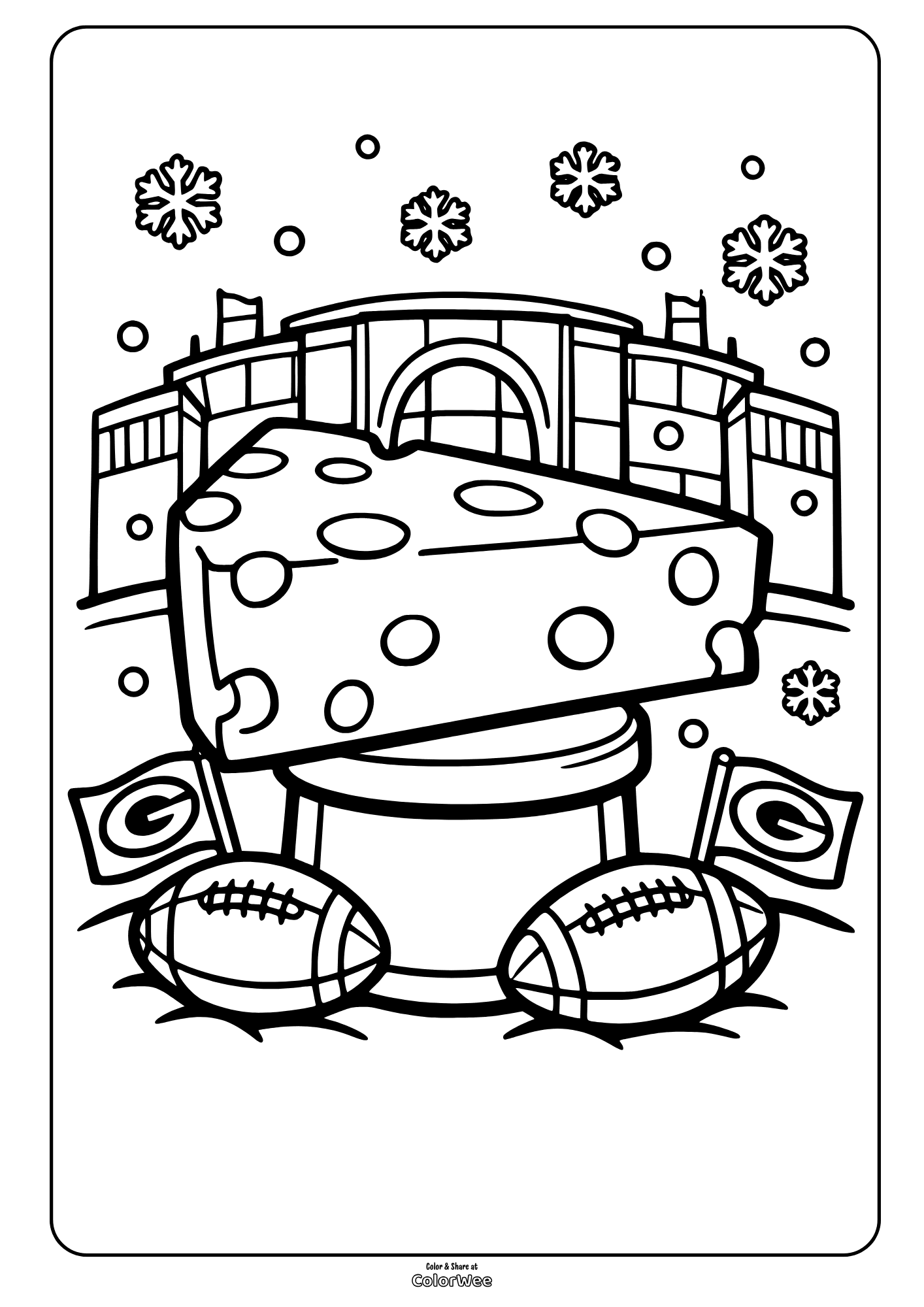 Football Packers stadium cheese wedge coloring sheet with snowflakes and flags