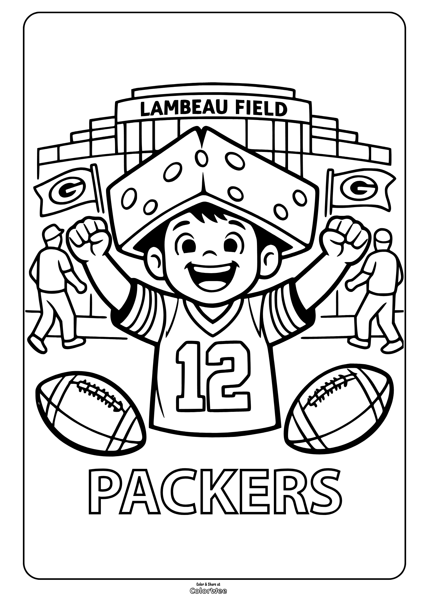 Green Bay Packers fan at Lambeau Field coloring sheet with footballs and cheesehead