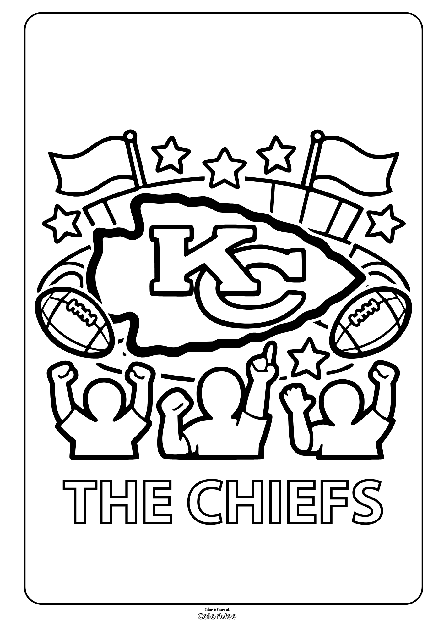 The Chiefs coloring sheet with KC logo, fans, stars, flags and footballs