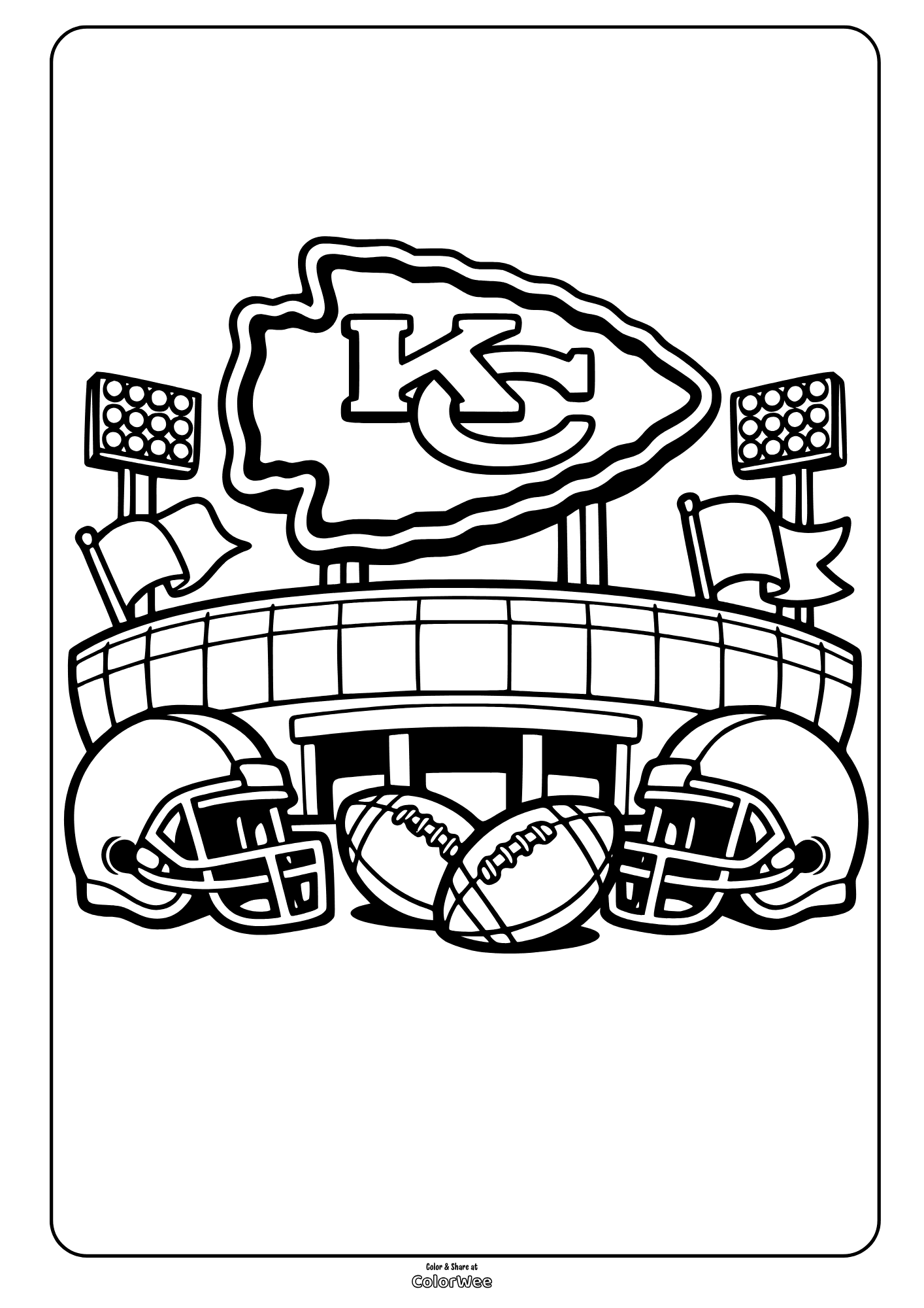 Football stadium with KC logo, helmets and balls coloring sheet