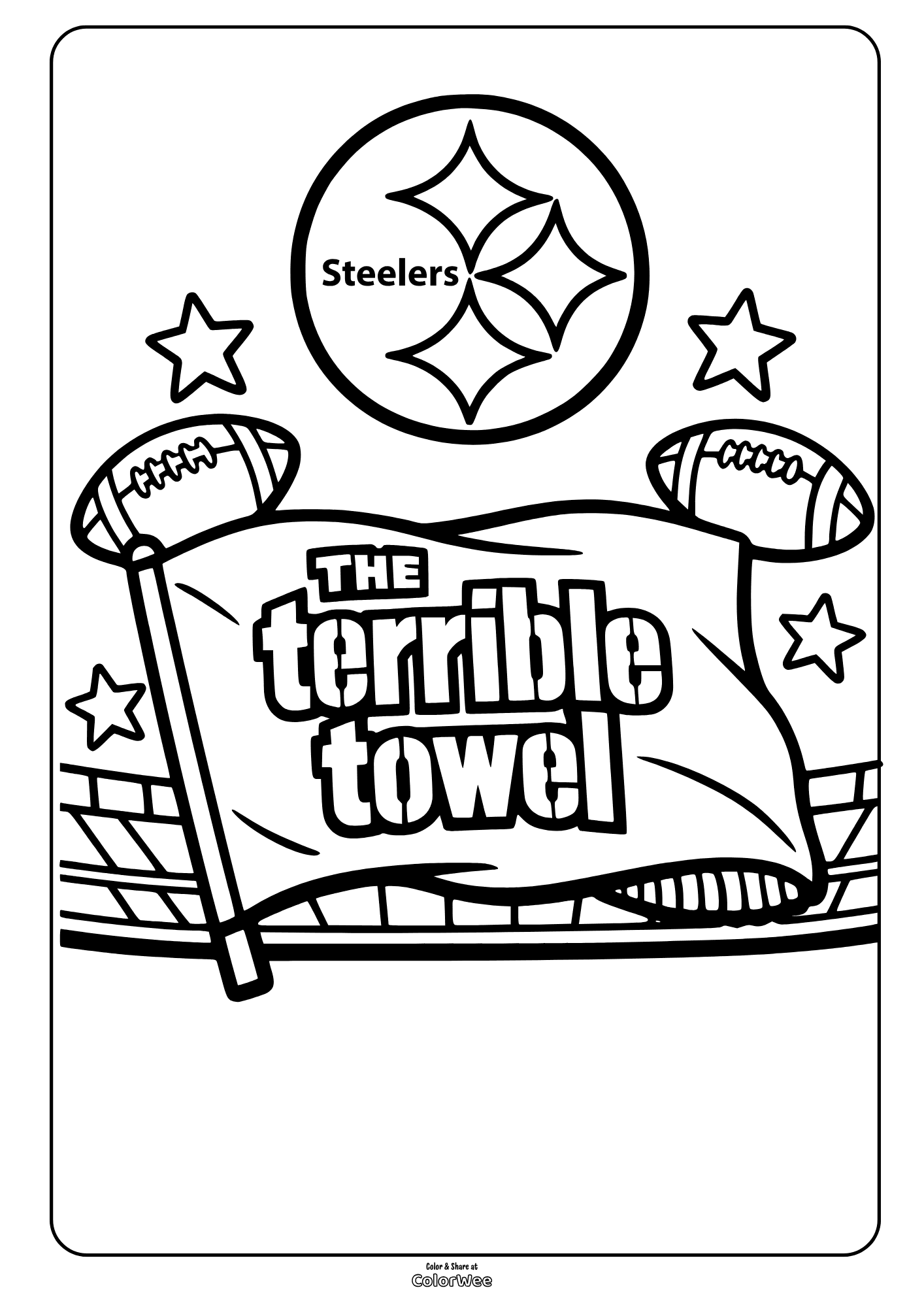 Steelers Terrible Towel football coloring sheet with stars and stadium