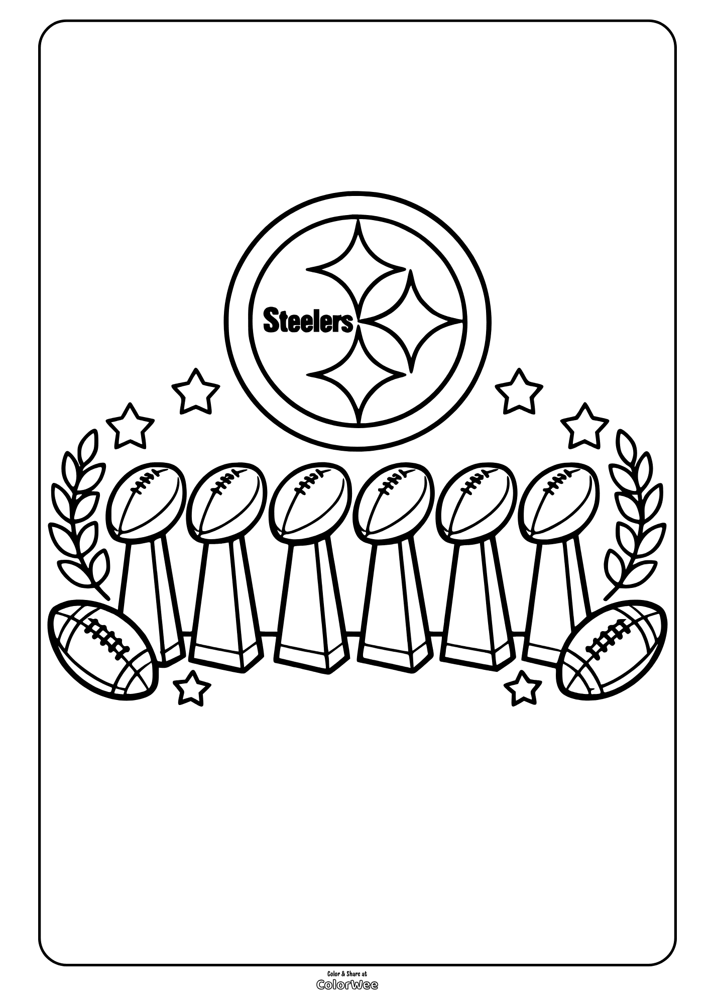 Steelers logo with six Lombardi trophies coloring sheet for kids and fans
