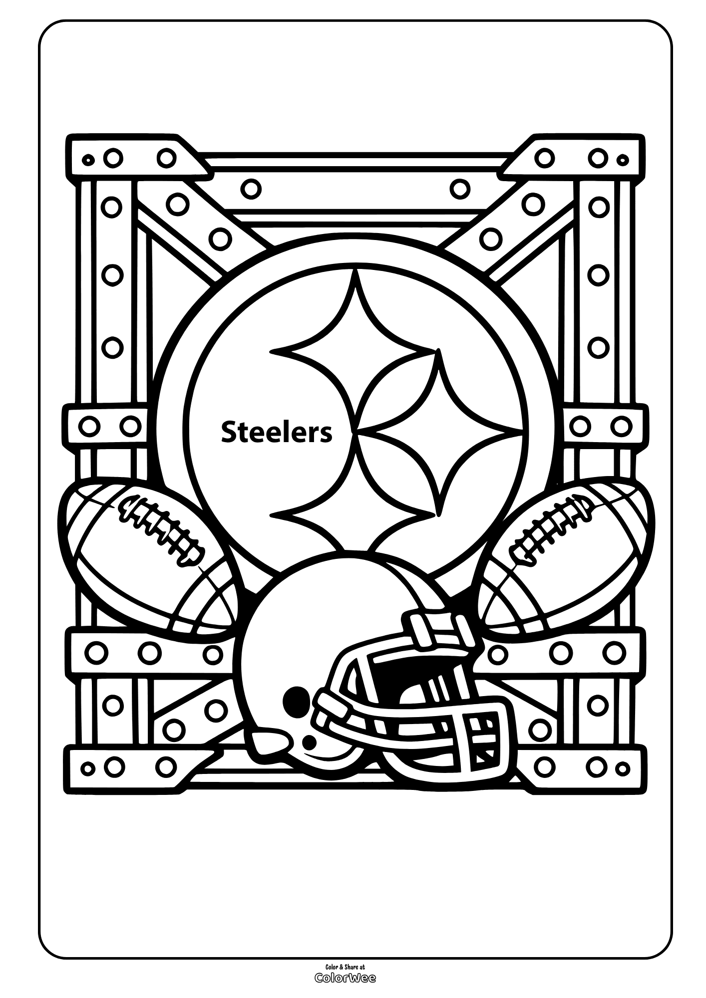 Football coloring sheet with Steelers logo, helmet and footballs