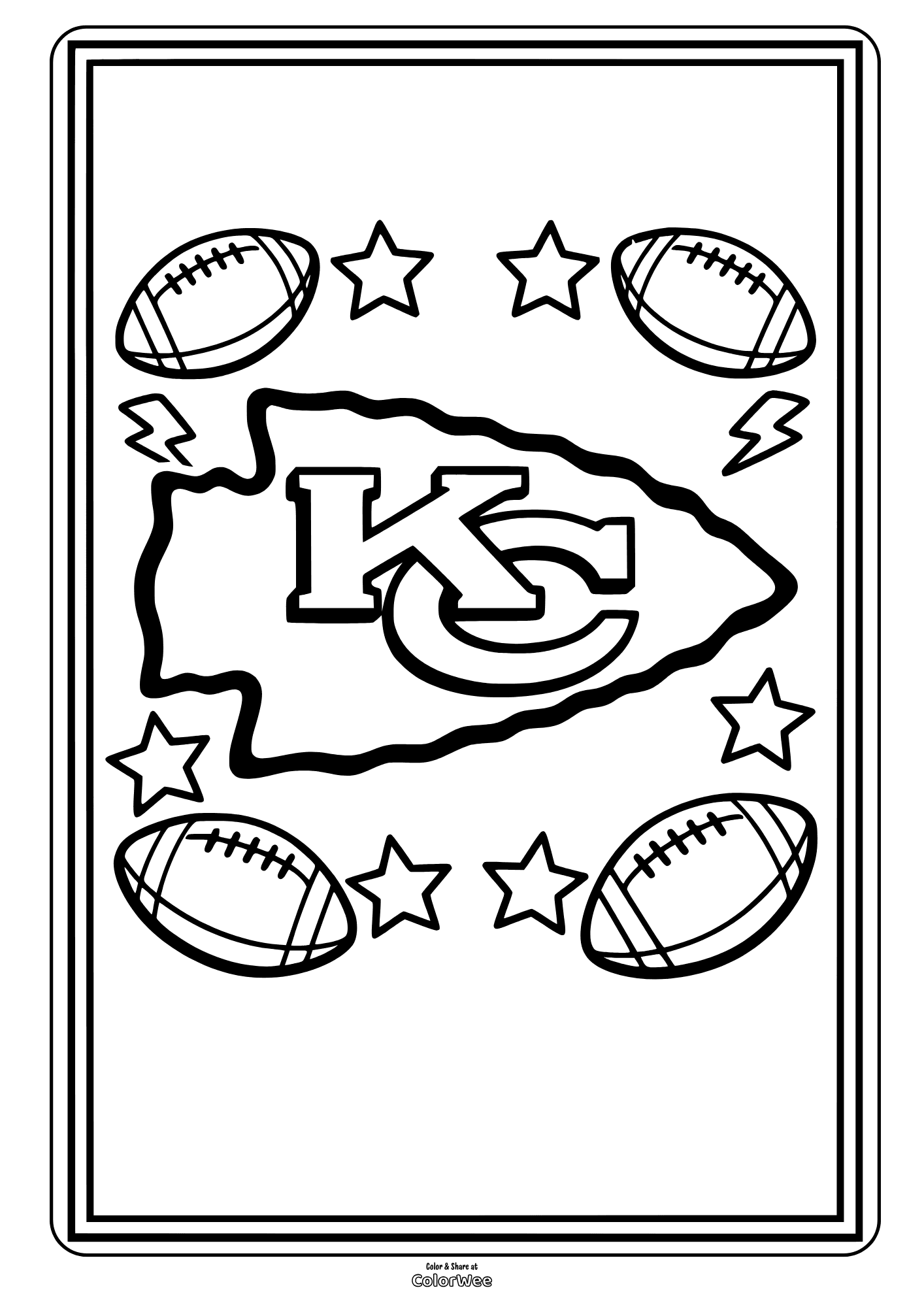 Kansas City Chiefs logo coloring sheet with footballs and stars
