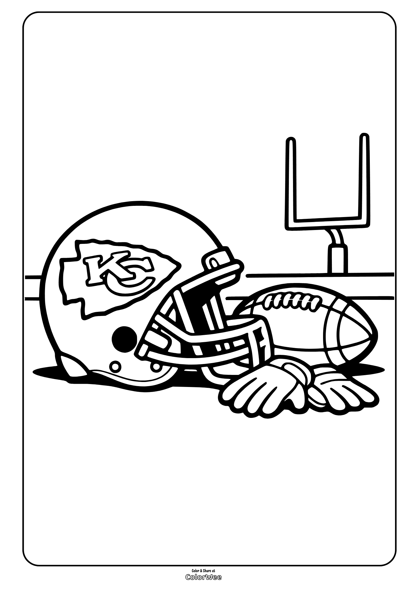 Football Kansas City Chiefs coloring sheet with helmet, ball, gloves and goalpost to print.