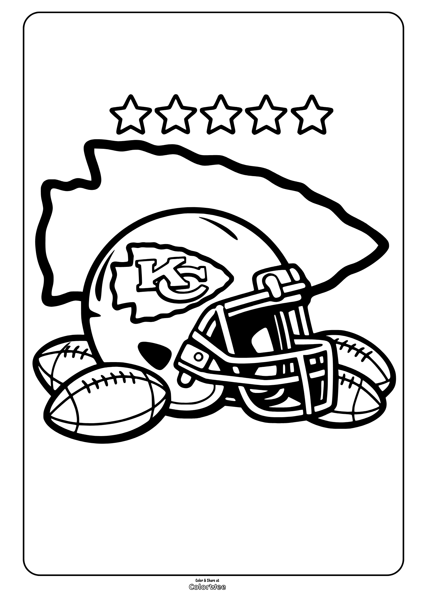 Football helmet, balls, stars, and KC arrowhead coloring sheet