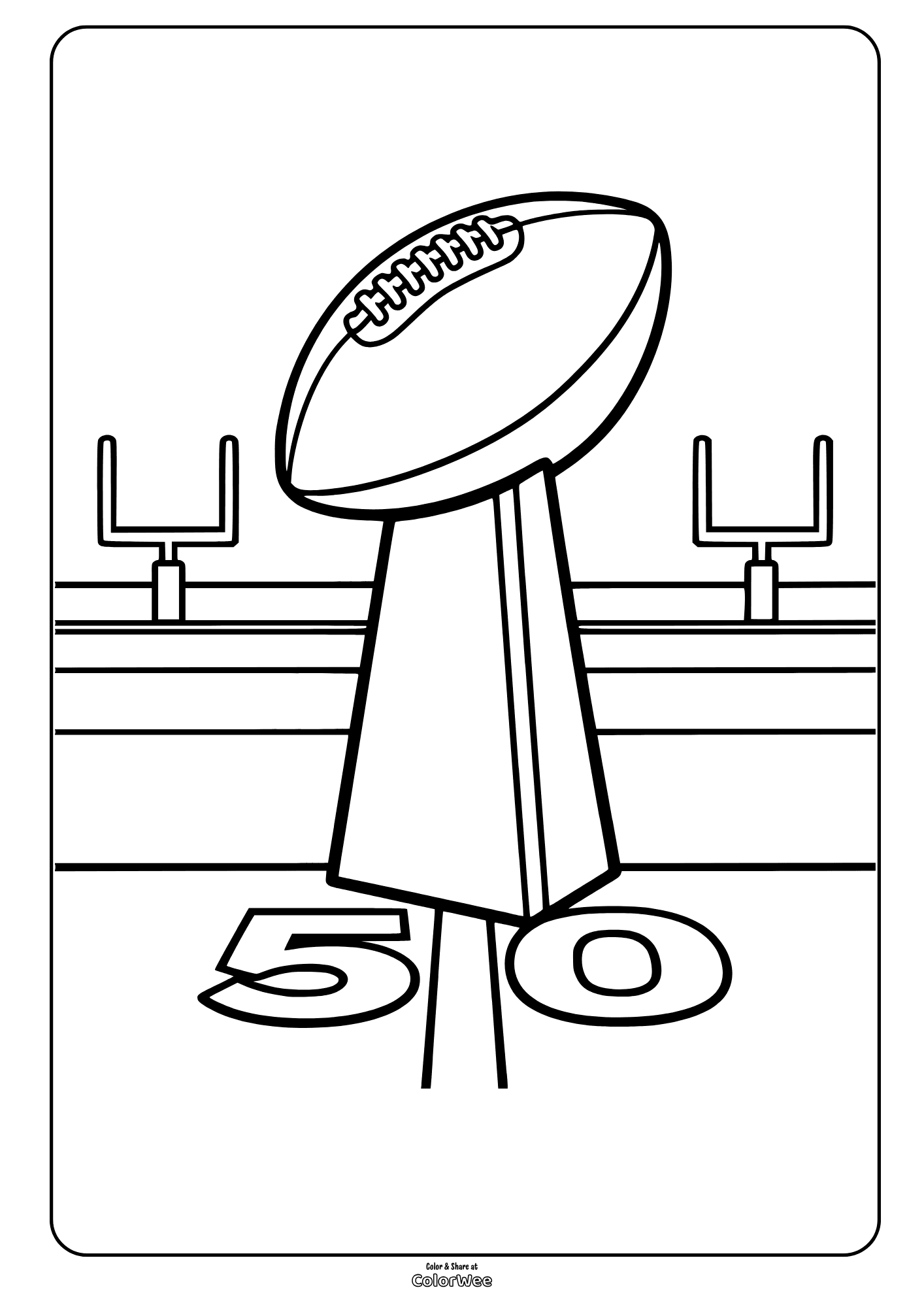 Football Super Bowl trophy at 50-yard line with goalposts coloring sheet