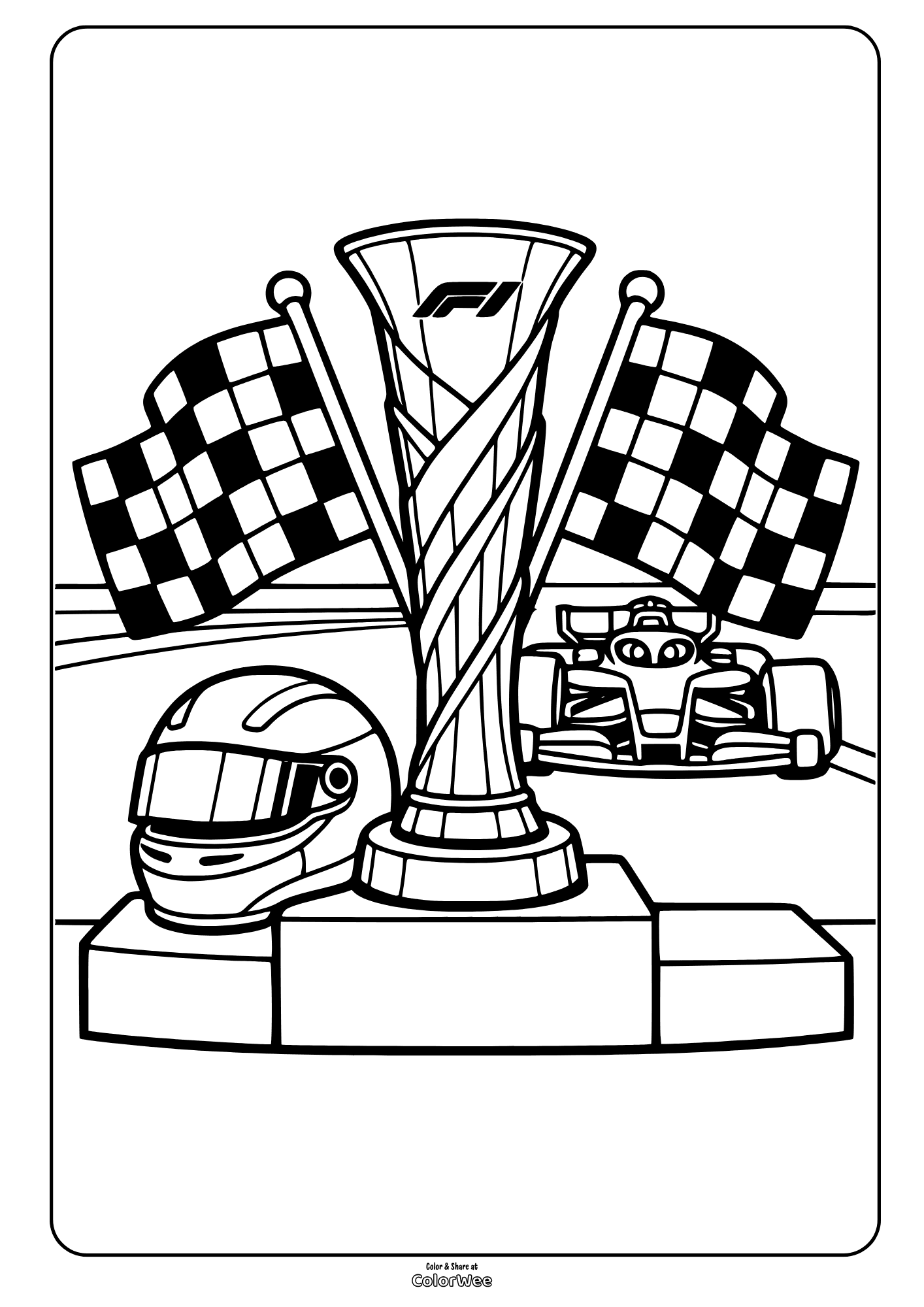 Formula 1 race car, trophy and checkered flags coloring sheet