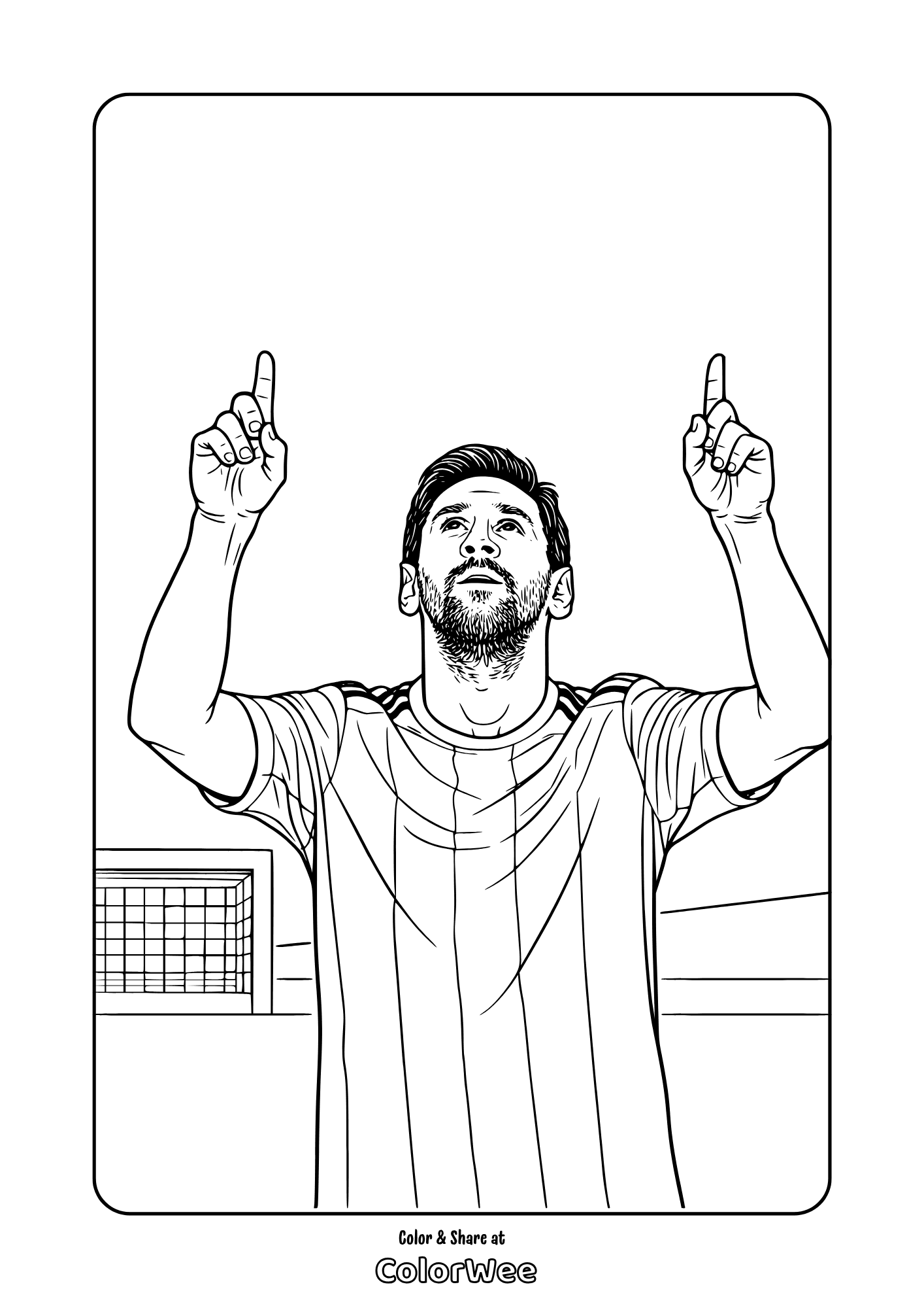 Lionel Messi celebrating goal with raised arms coloring page for kids and adults