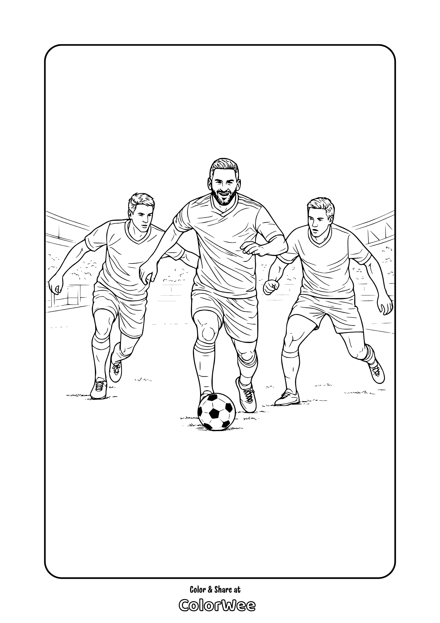 Lionel Messi coloring page: Leo dribbles ball as two defenders chase