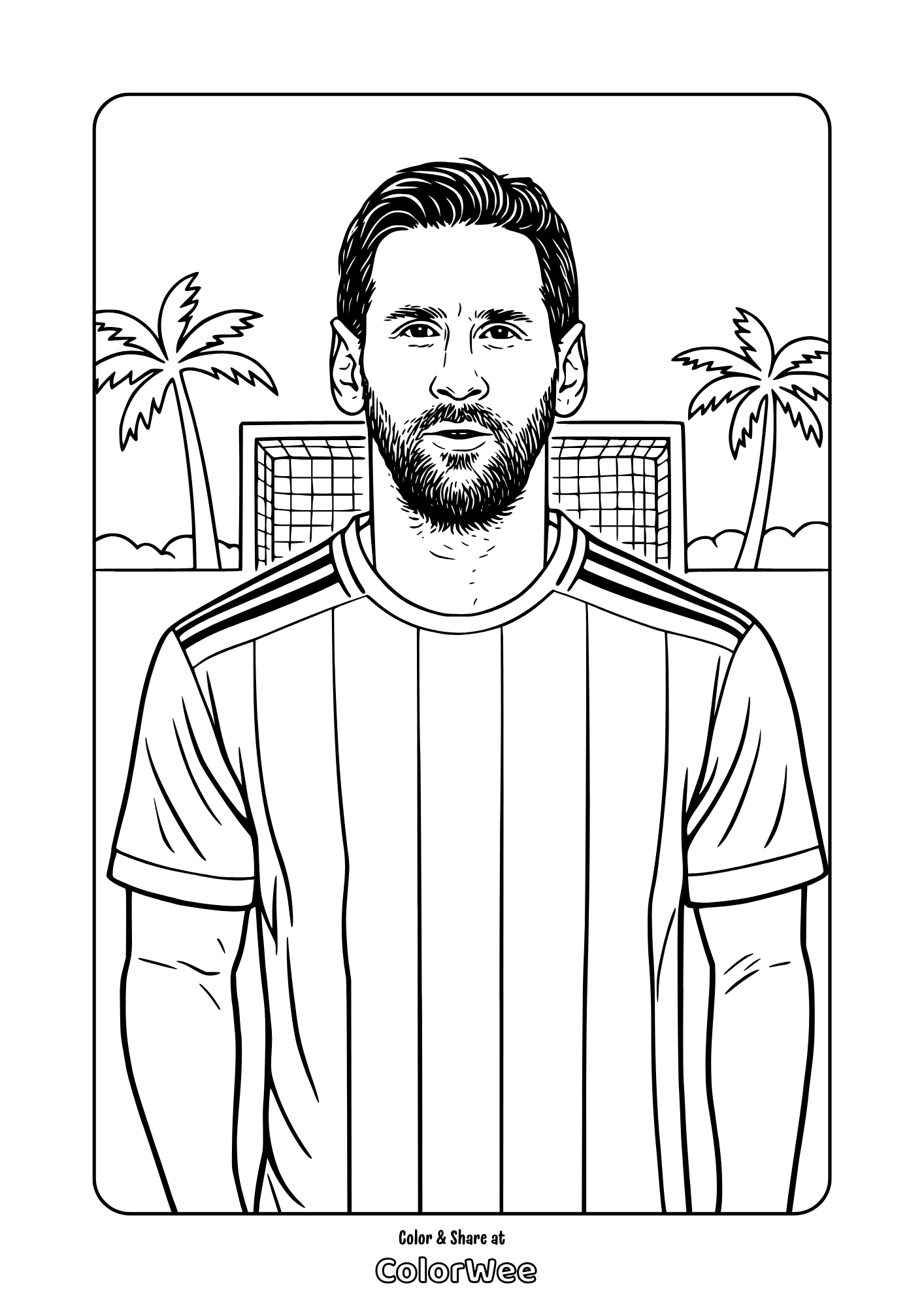 Soccer star Lionel Messi portrait coloring page with goal net and palm trees