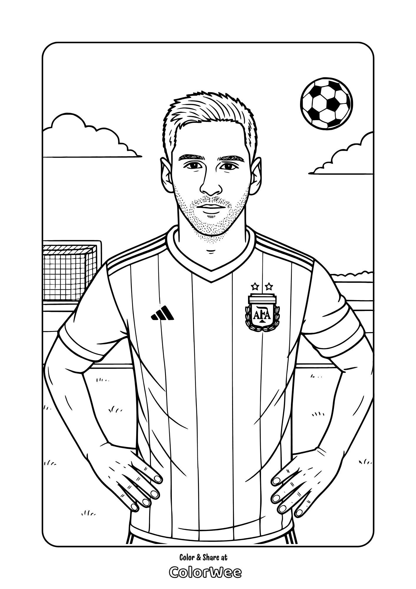Lionel Messi in striped Argentina jersey with goal and ball coloring page for kids
