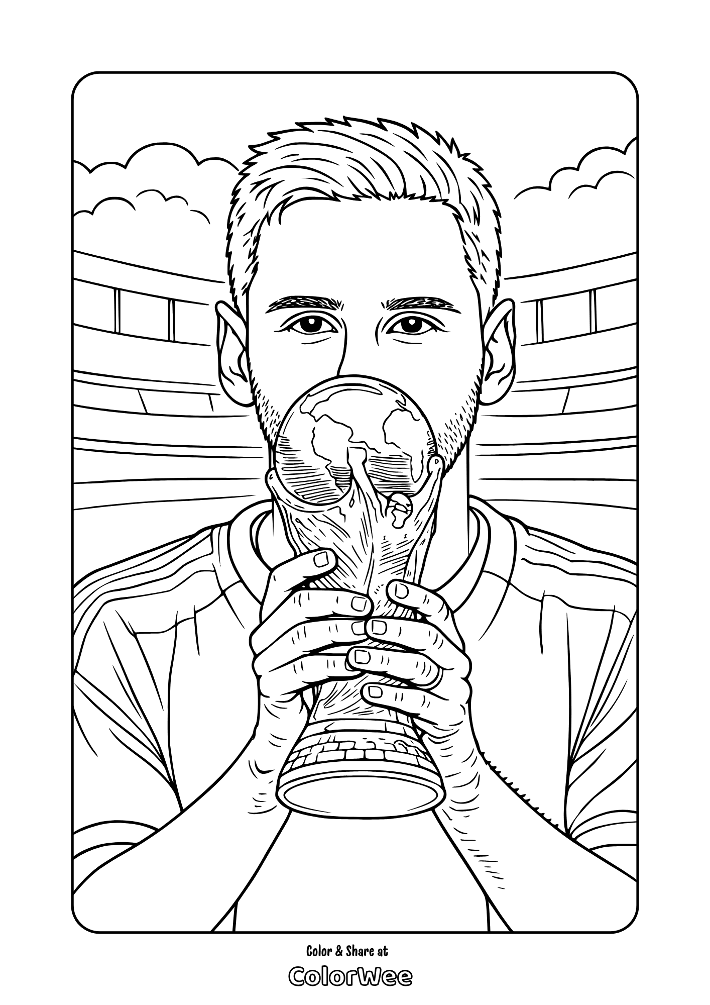 Lionel Messi kissing World Cup trophy coloring page for kids