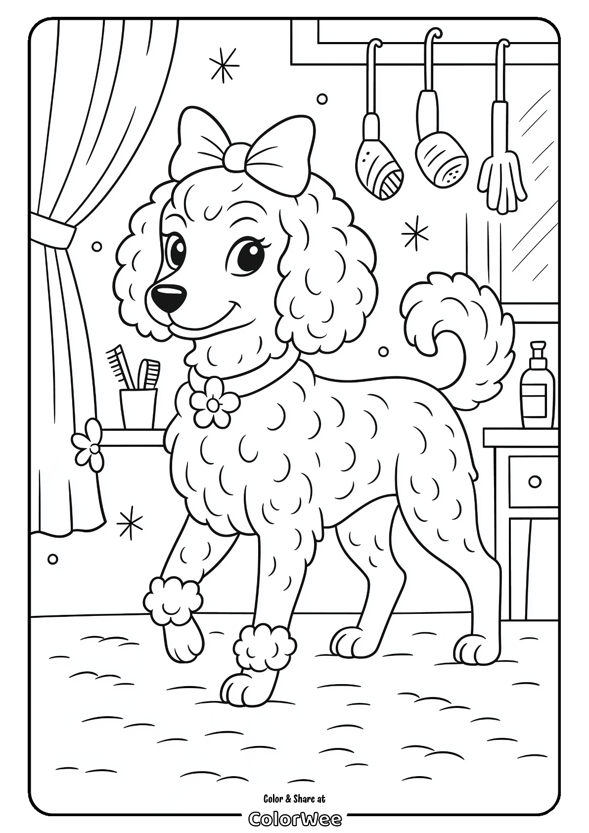 Cute poodle with bow in grooming salon coloring page.