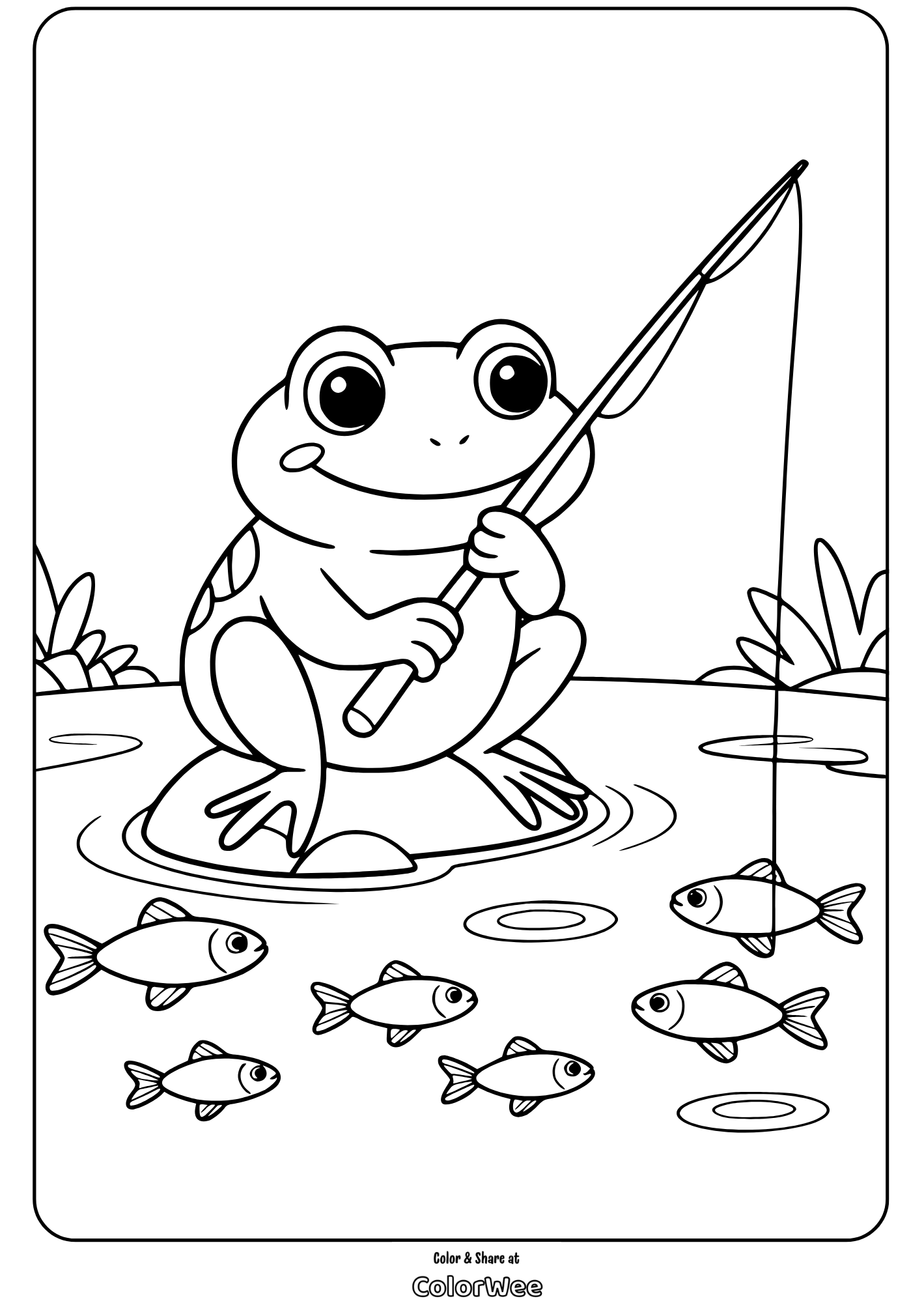 Frog fishing on a lily pad coloring page with fish in pond.