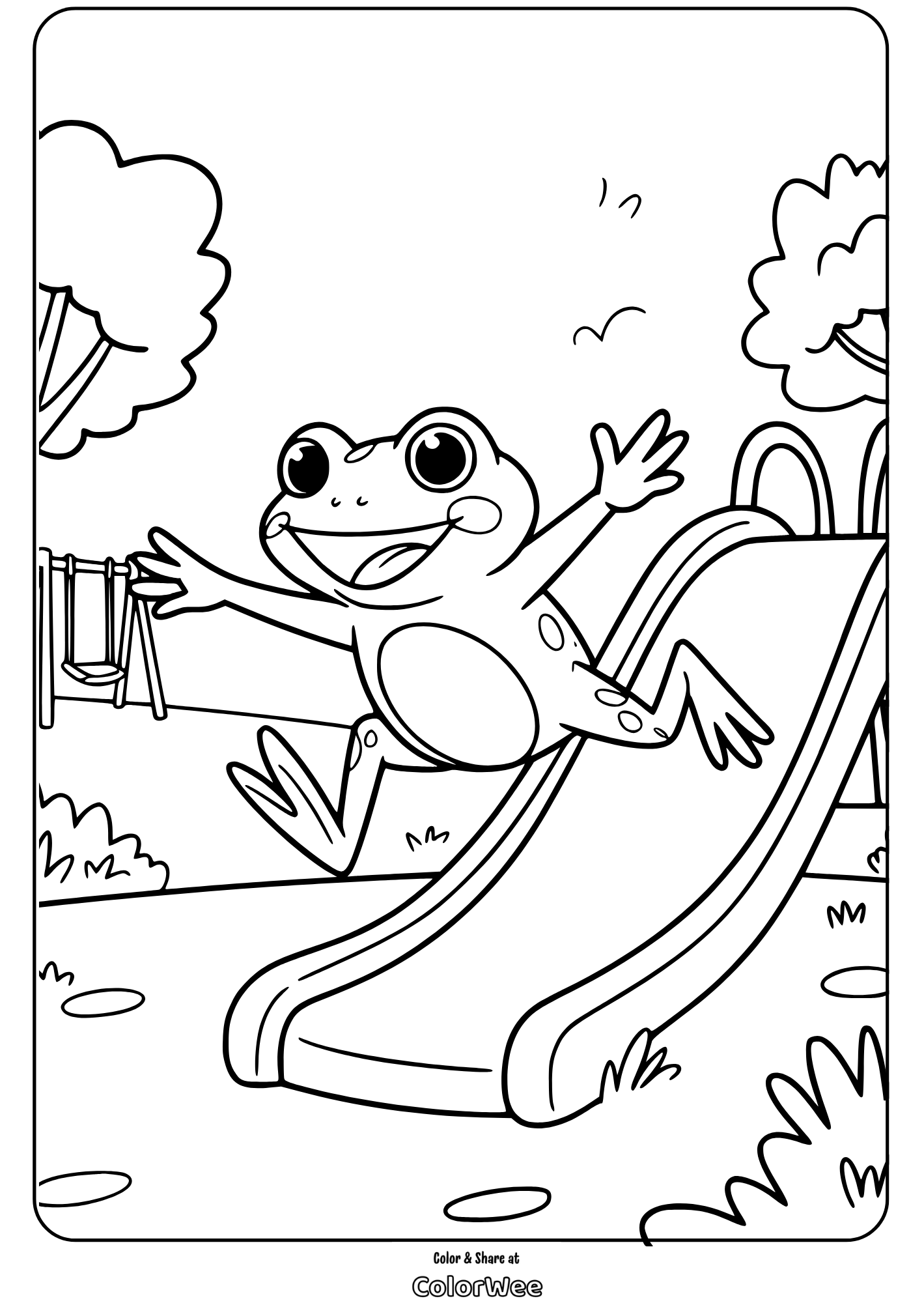 Frog on slide coloring page for kids fun activity.