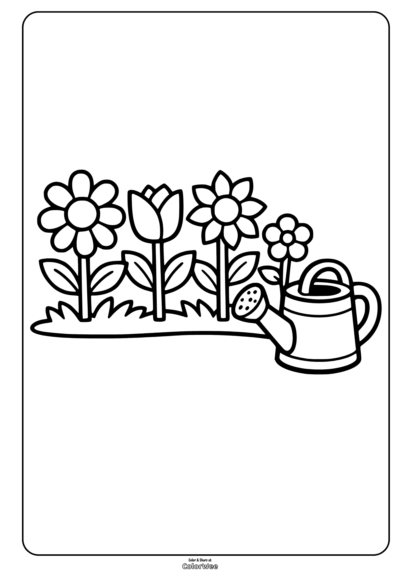 Garden flowers and watering can coloring page for kids