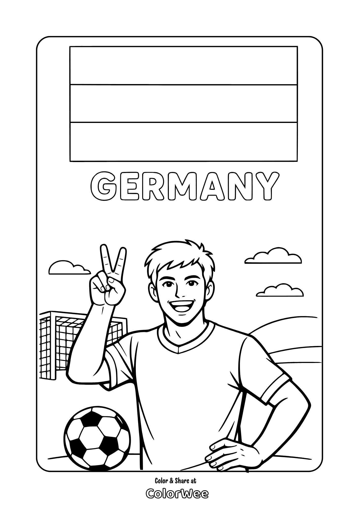 Germany soccer player with ball, goal and flag coloring page