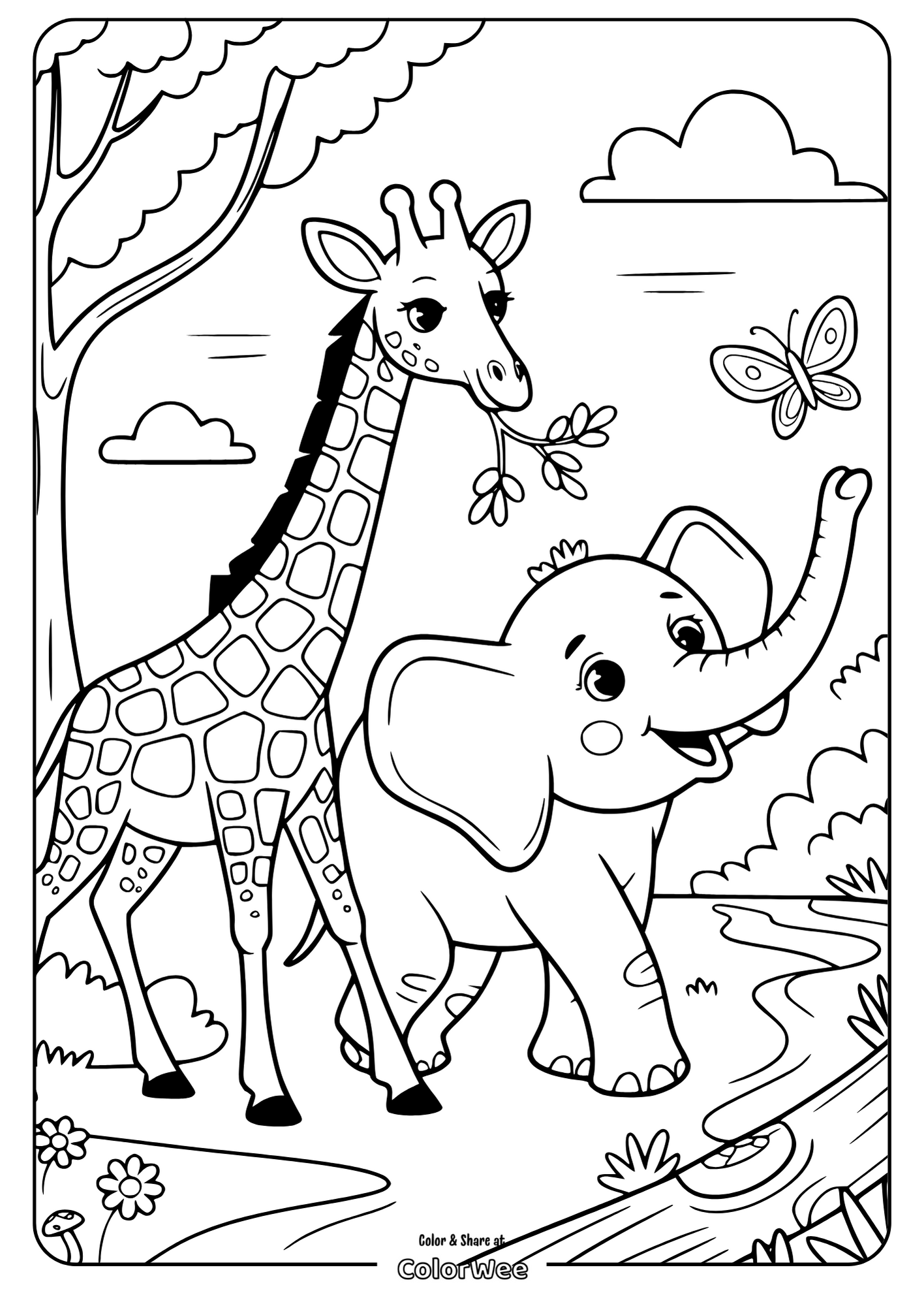 Giraffe and elephant coloring page, nature scene with butterfly.