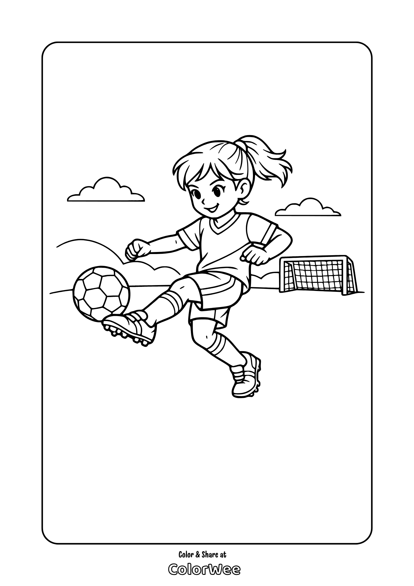 Girl playing soccer with ball.