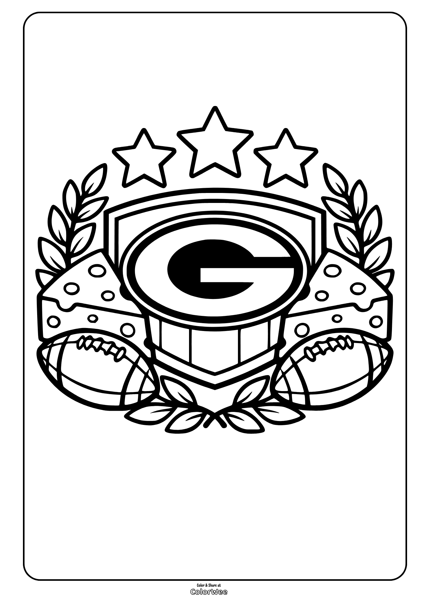 Green Bay Packers emblem coloring sheet with letter G, stars, laurel, cheese, balls