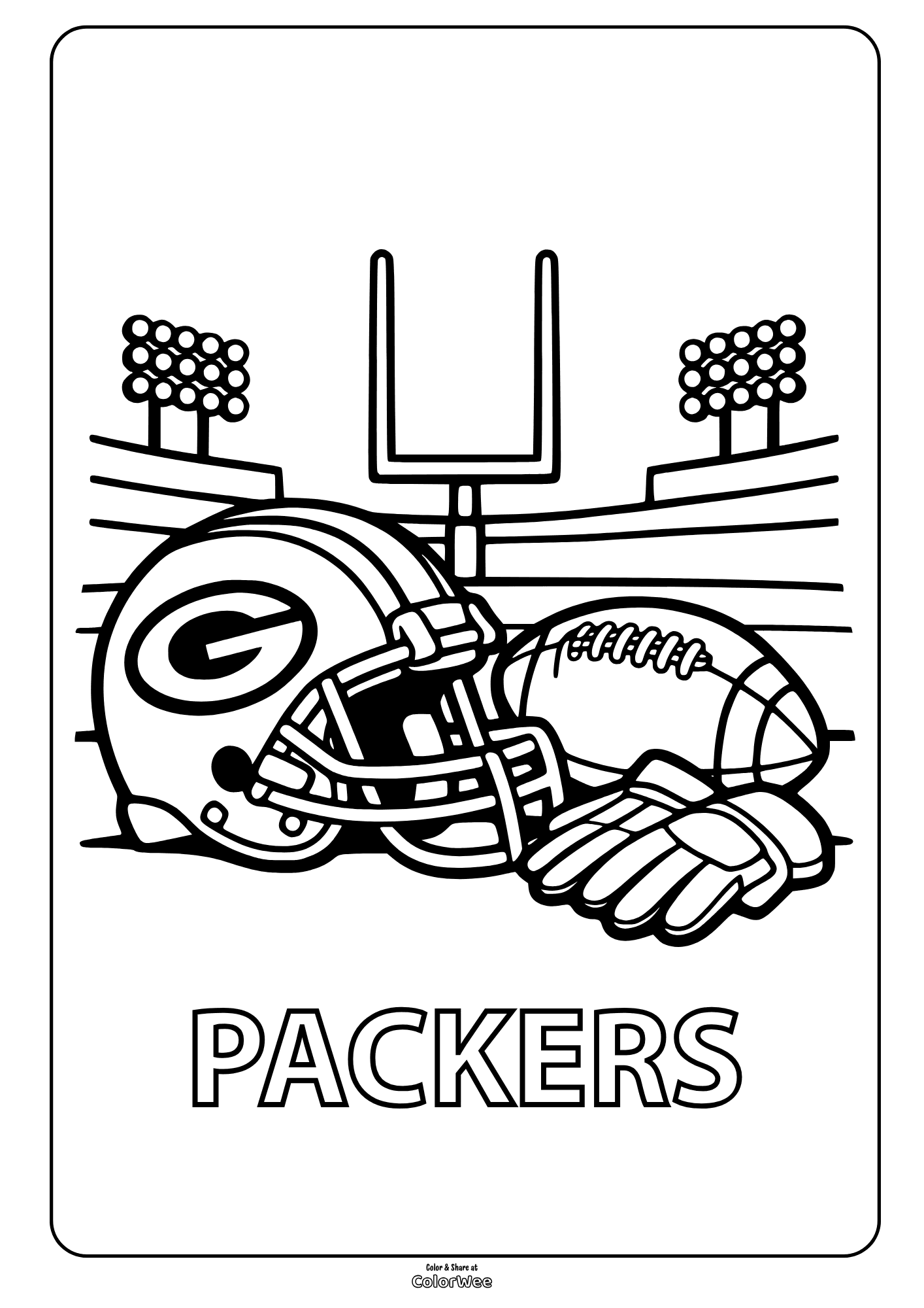 Football coloring sheet with helmet, ball, goalpost, Green Bay Packers