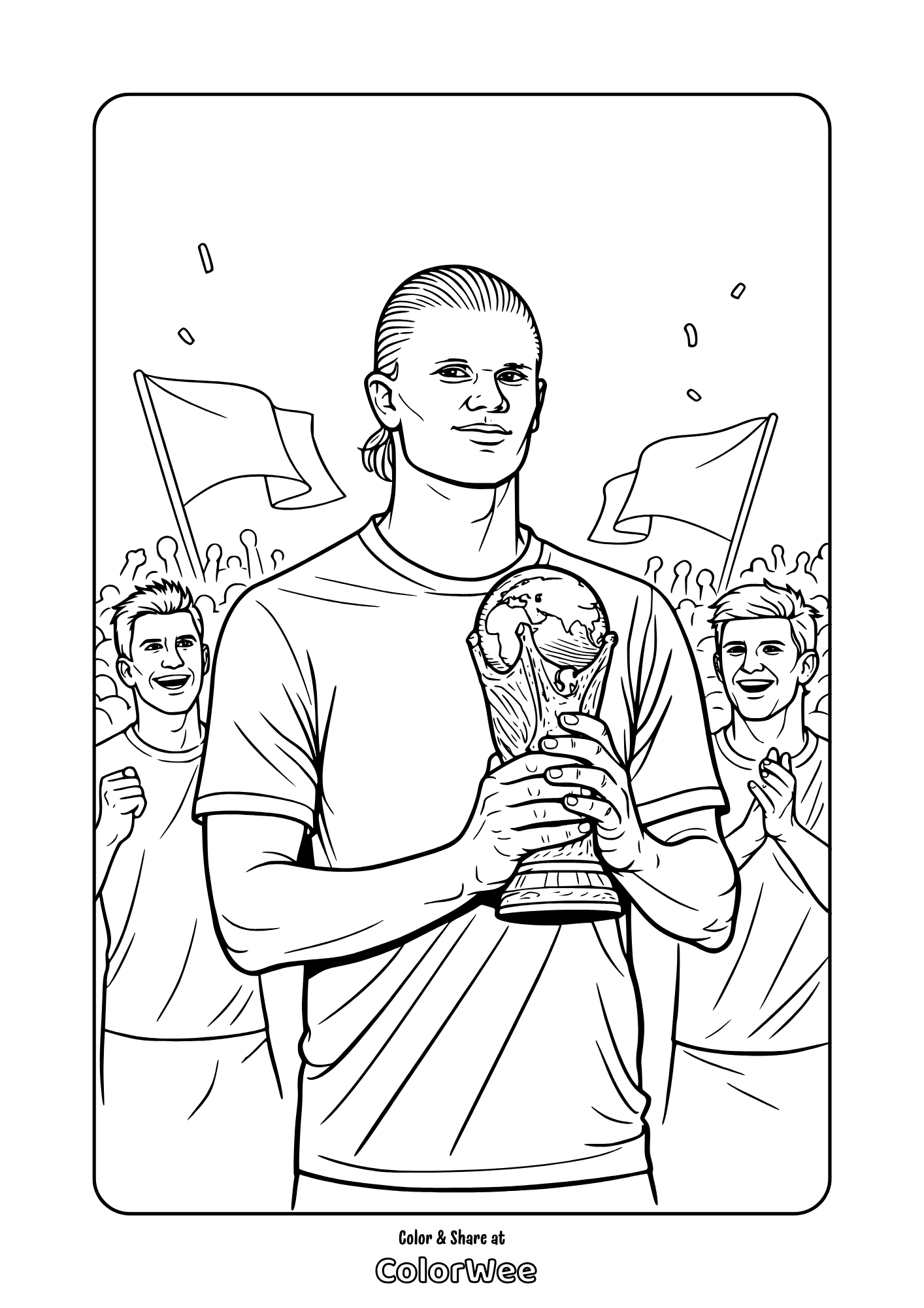 Haaland holding world FIFA trophy with cheering fans coloring page