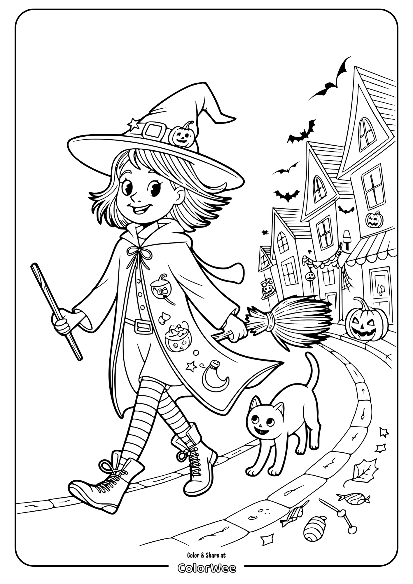 Young witch and cat on Halloween street coloring page.