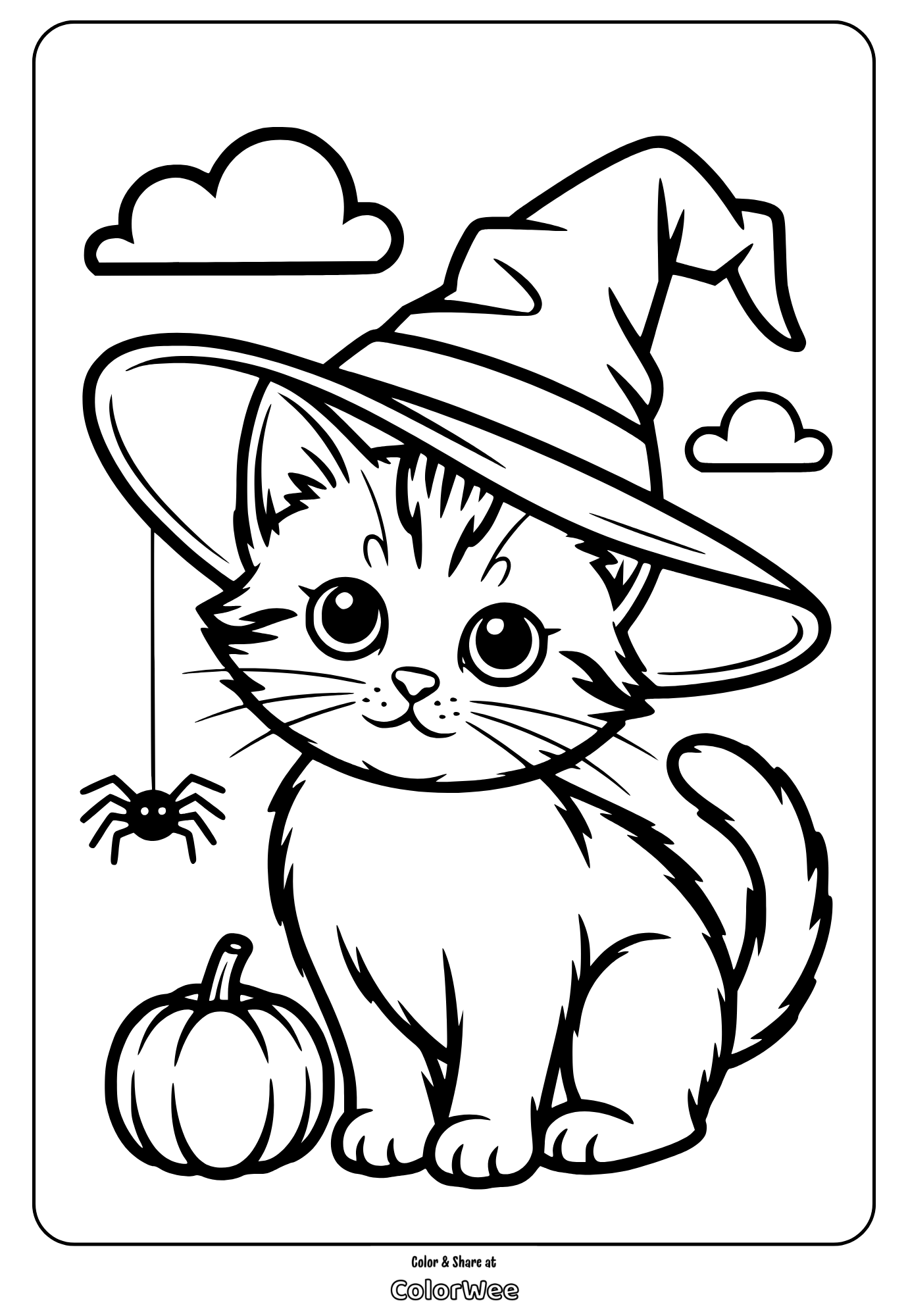 Cute cat in witch hat with pumpkin and spider coloring page.