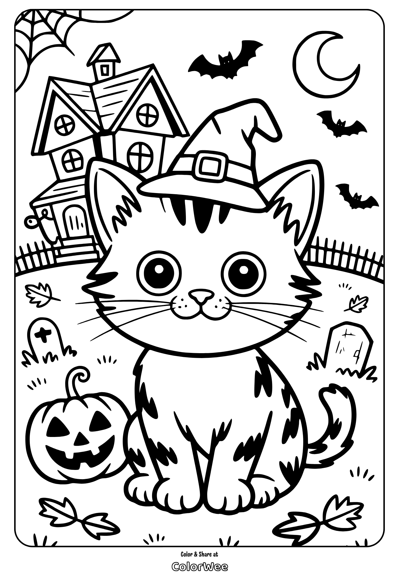 Cute Halloween cat in witch hat with pumpkin and haunted house.