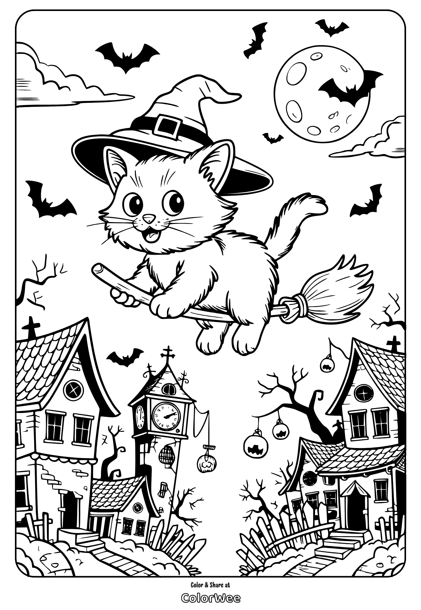 Cute cat on a broomstick, Halloween coloring page with spooky houses.