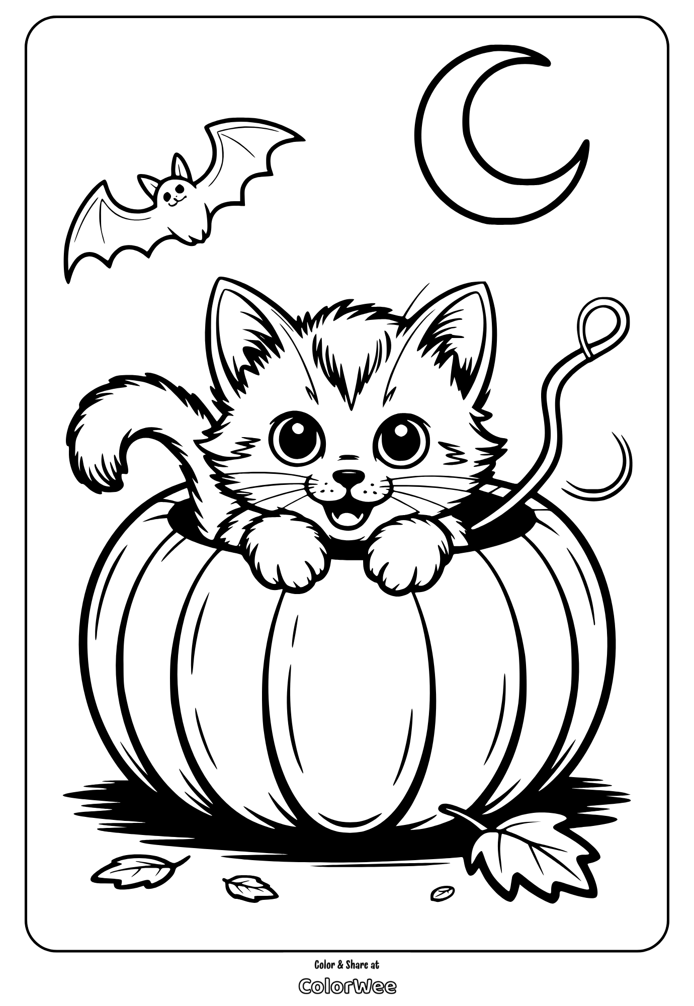 Cute kitten in pumpkin coloring page with bat and moon.