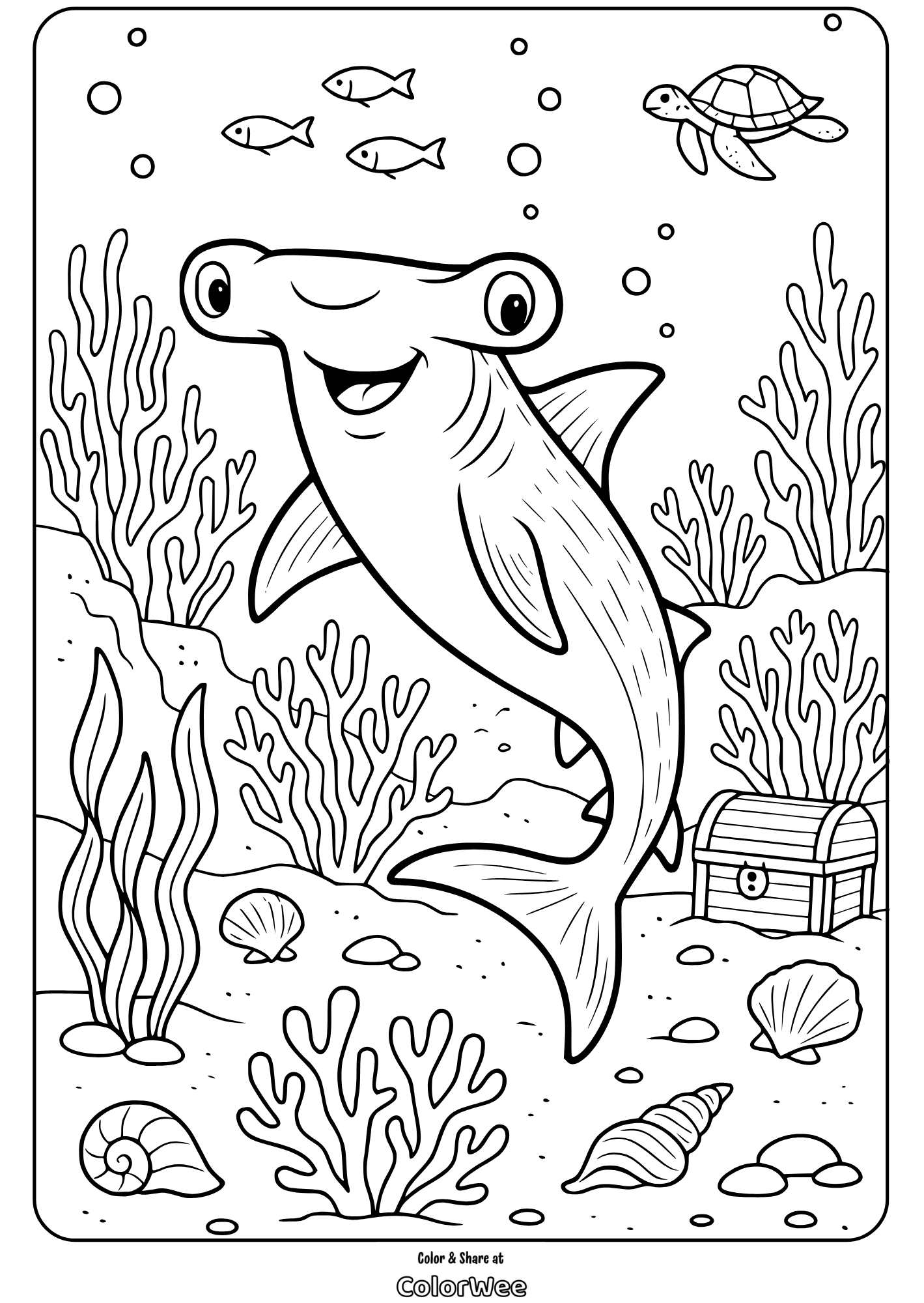 Cartoon hammerhead shark coloring page with ocean scene and treasure chest.