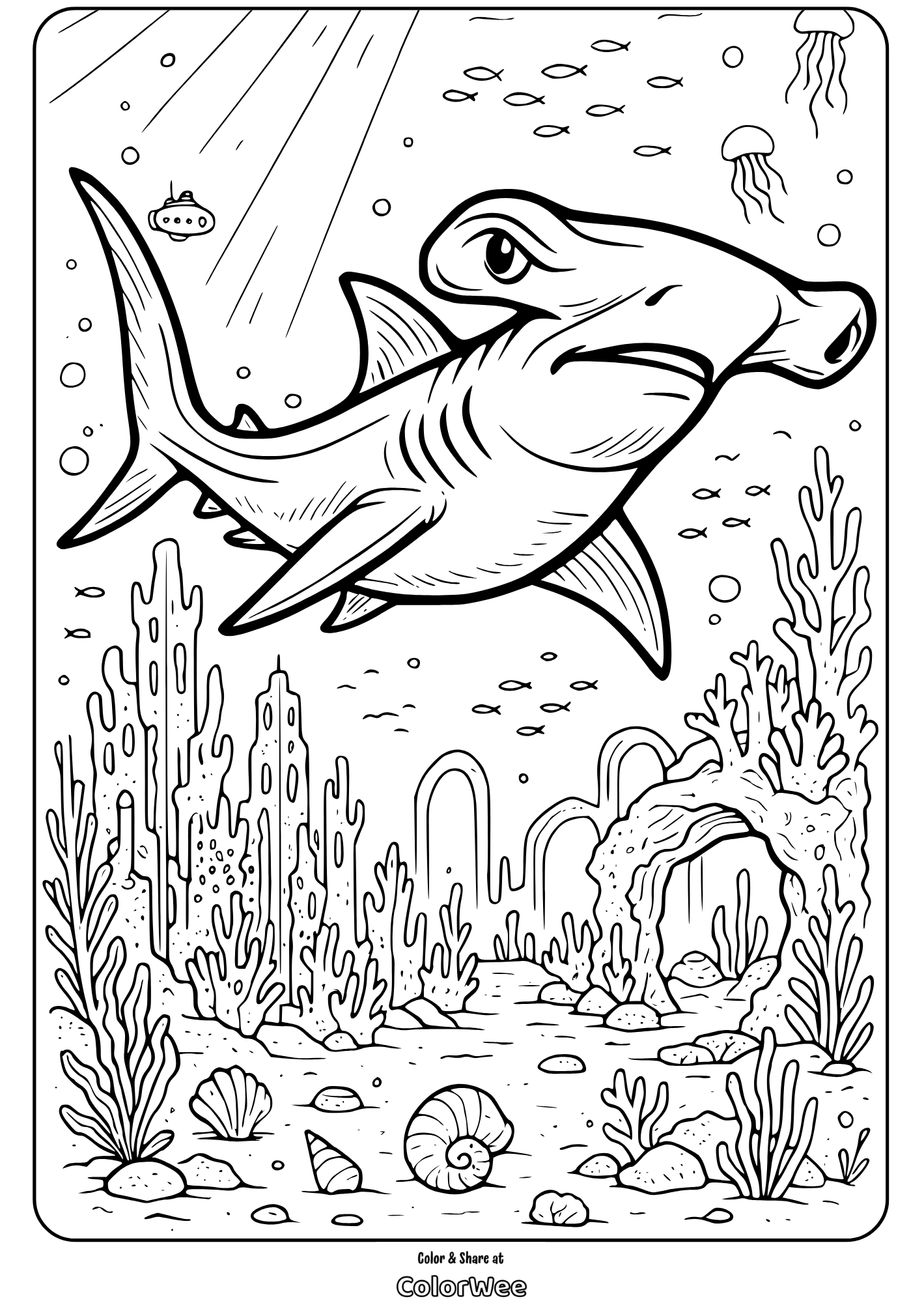 Hammerhead shark in ocean coloring page with coral and fish.