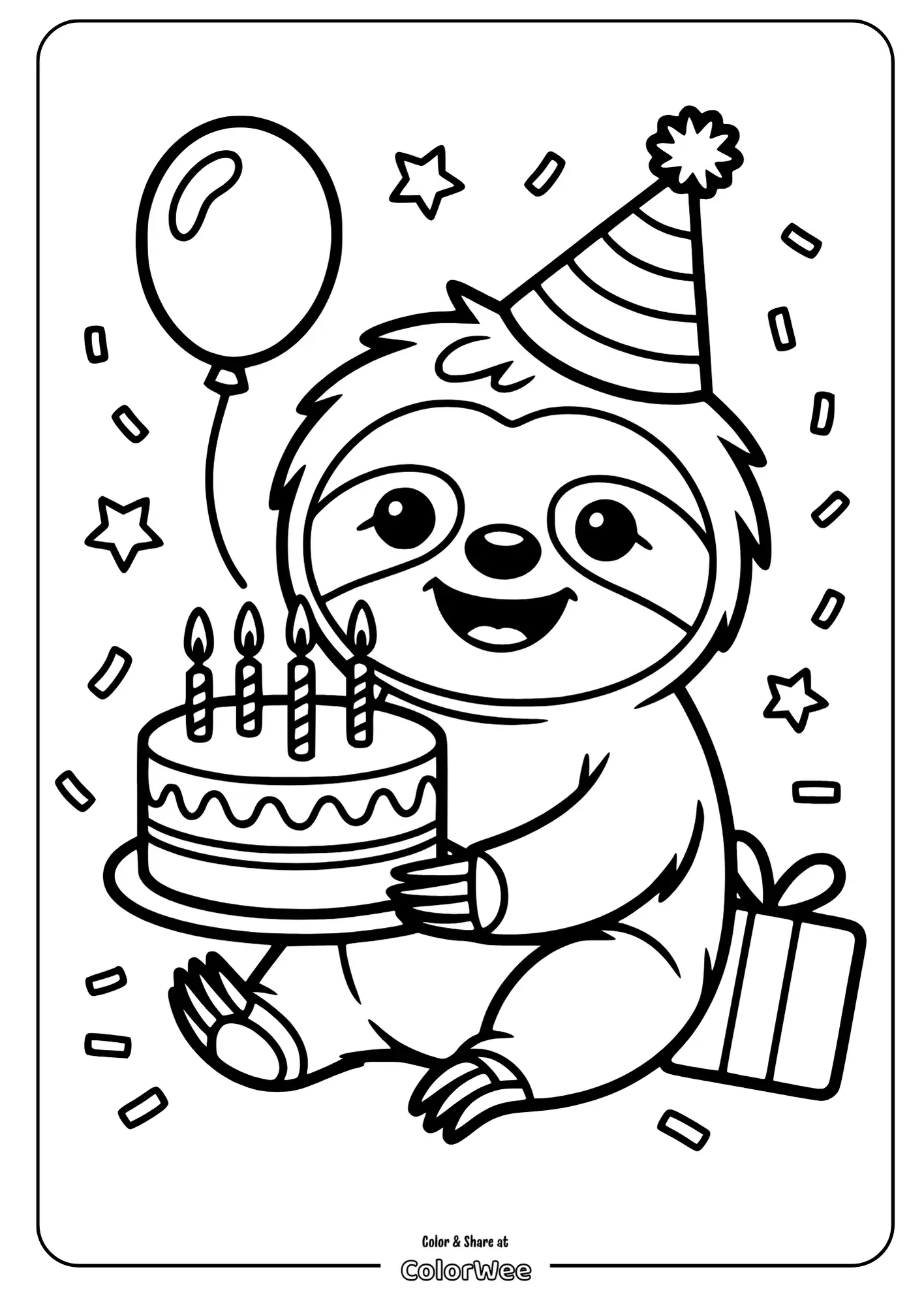Sloth birthday coloring page with cake and balloon.
