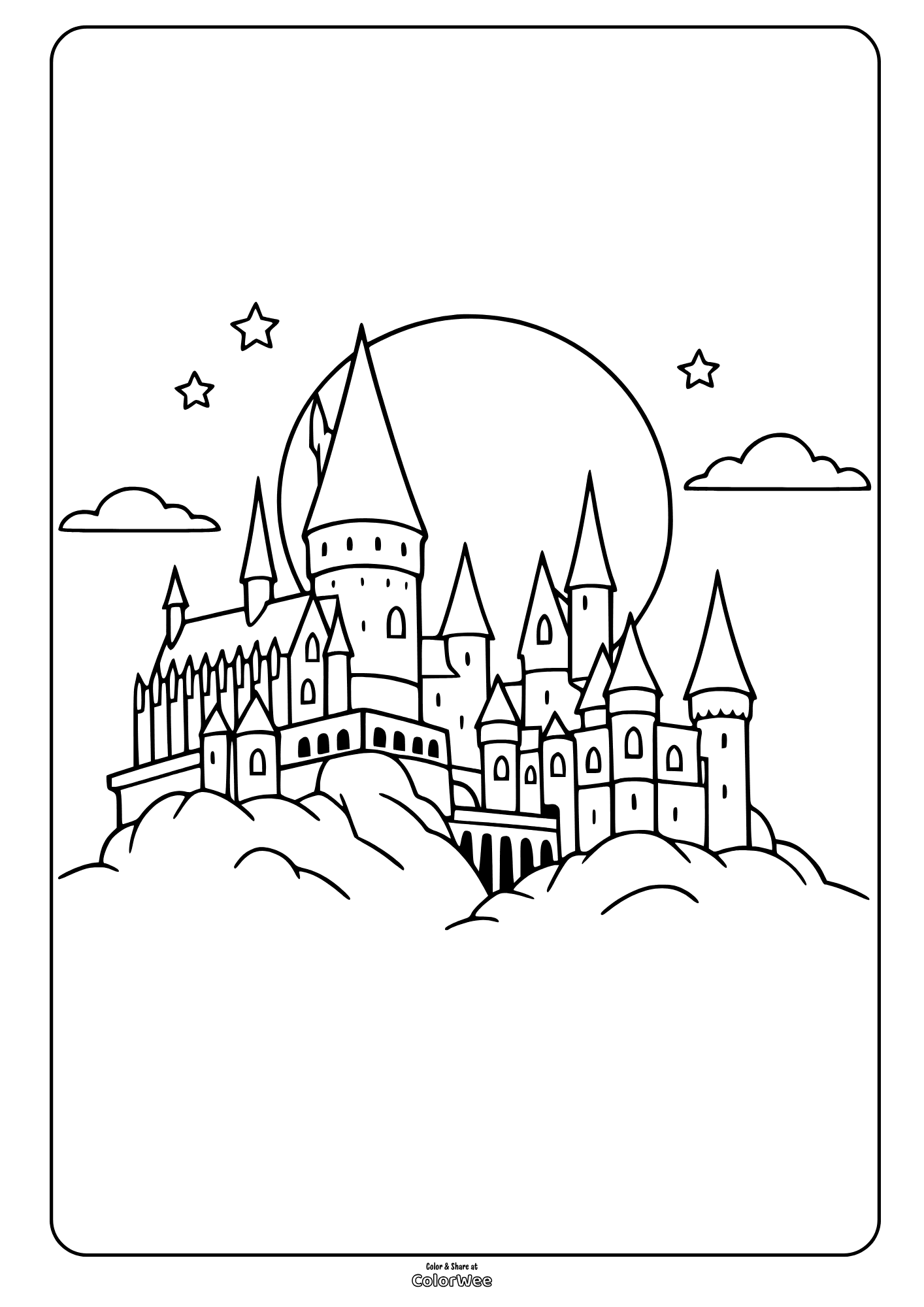 Hogwarts in clouds with moon and stars coloring page