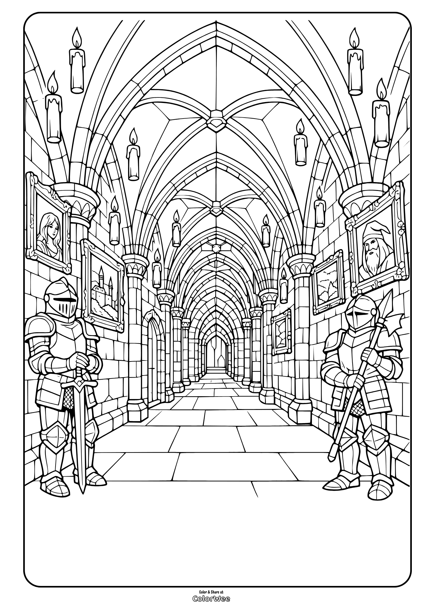 Hogwarts corridor with knights, portraits and candles coloring page for adults.