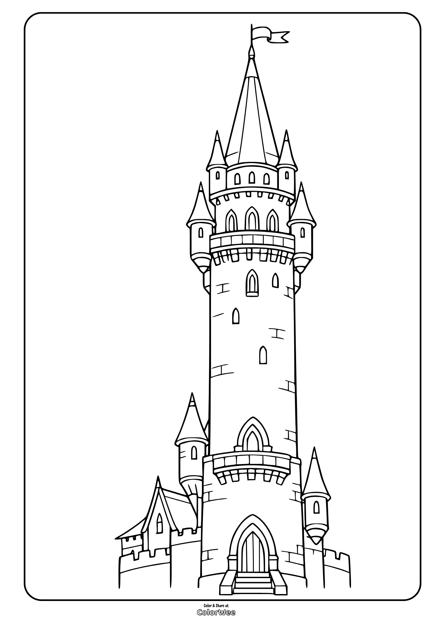 Hogwarts castle tower coloring page with turrets and waving flag