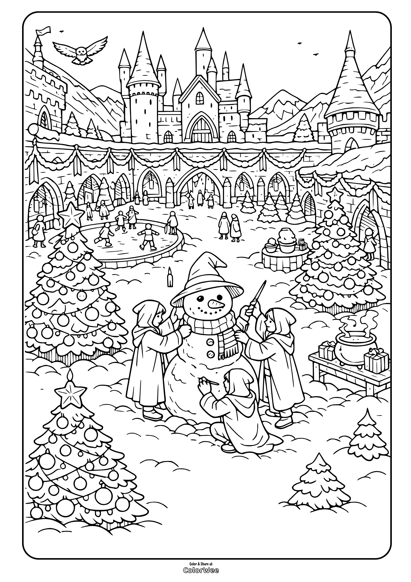 ChristmasHogwarts snowman and ice rink coloring page